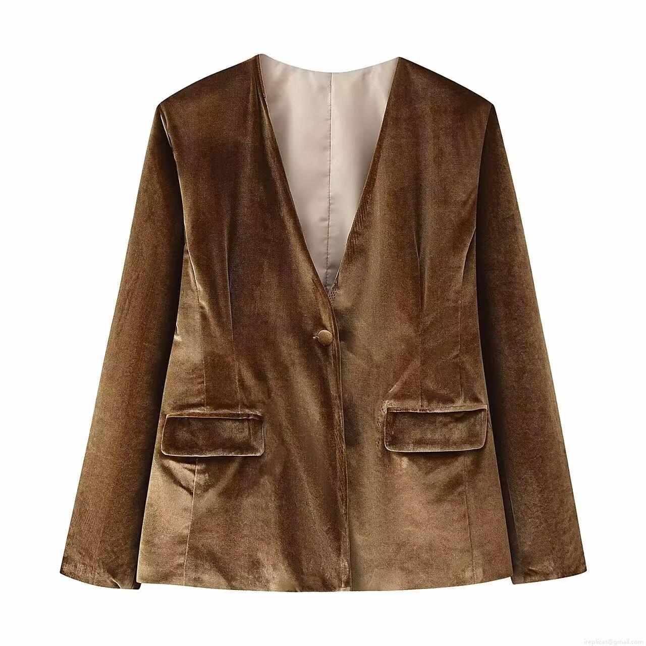 Women's Velvet Suit Set Elegant V-Neck Single Button Blazer and High Waist Flare Pants Solid Color Brown Streetwear Two Piece Tracksuit for Office Party