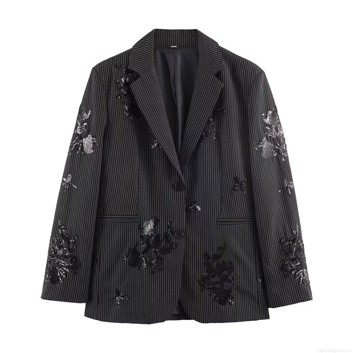 Elegant Women Striped Sequin Blazer Pants Two Piece Set Casual Long Sleeve Suit Jacket Wide Leg Trousers Floral Embroidery Stage Party Streetwear Outfit