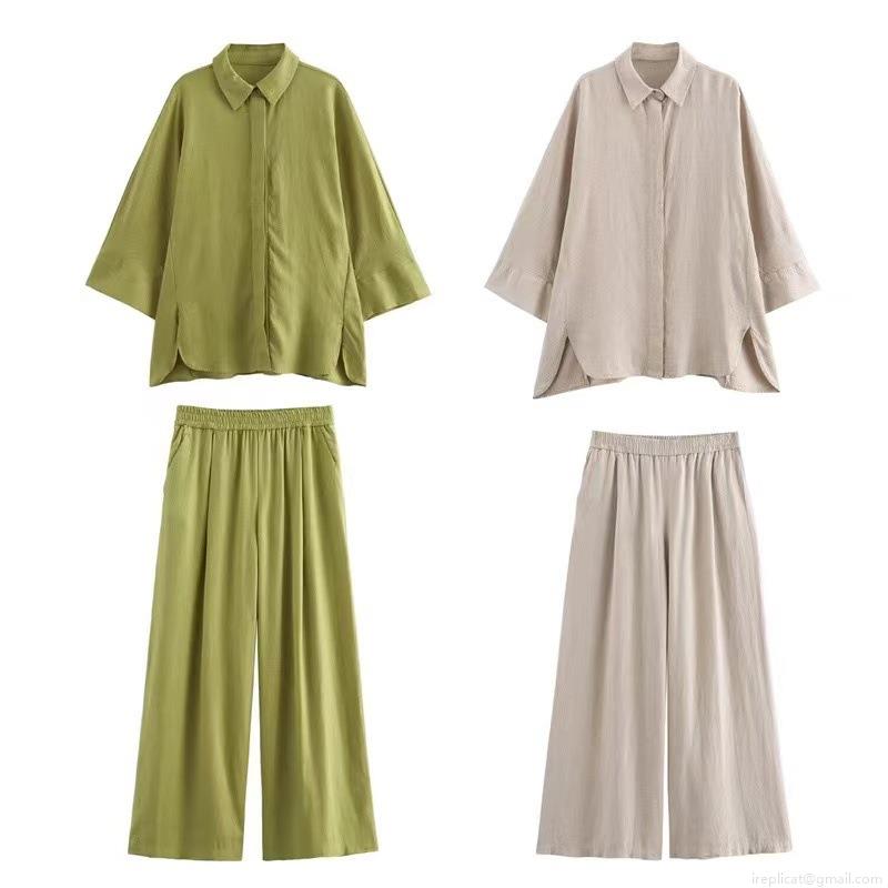 Minimalist Women's Pants Set Linen Blend Long Sleeve Button Down Slit Shirt Elastic Waist Wide Leg Trousers Casual Summer Vacation Two Piece Outfits
