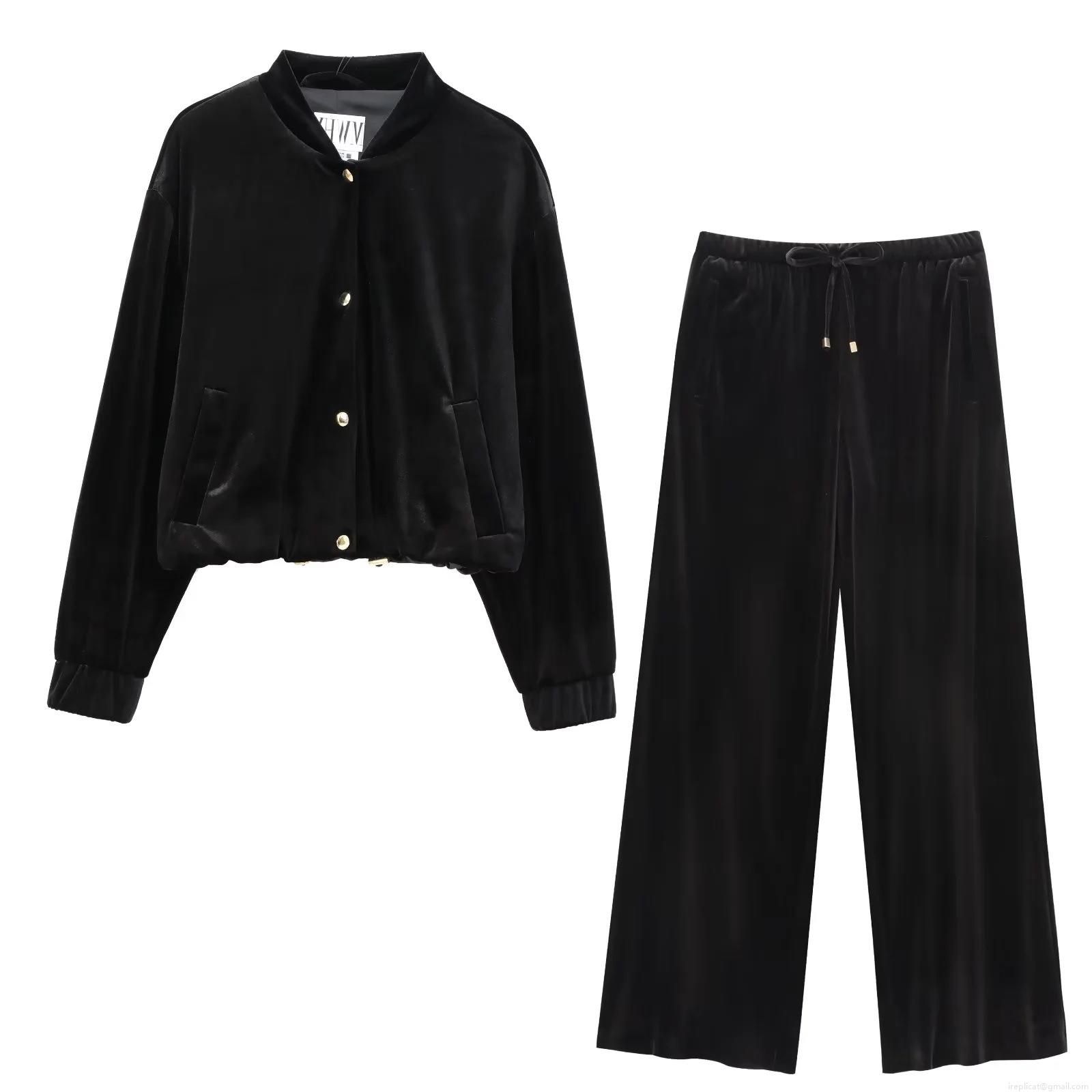 Women's Velvet Bomber Jacket And Wide Leg Pants Set Solid Color Gold Buttons Casual Two Piece Outfits For Streetwear Party