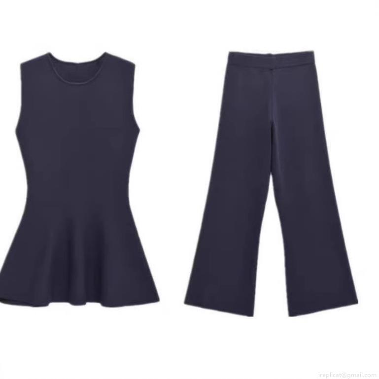 Elegant Knit Two Piece Set Sleeveless Peplum Top and Wide Leg Pants Solid Color Polyester Casual Outfits For Women Party Clubwear