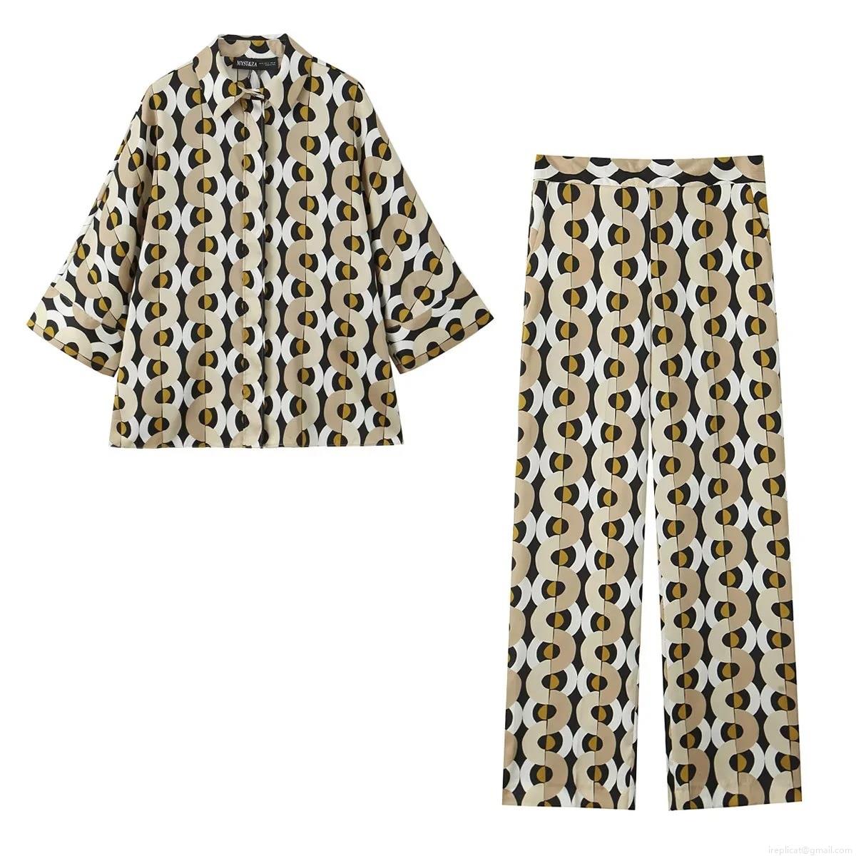 Women's Vintage Geometric Circle Print Two Piece Set Long Sleeve Button Up Lapel Shirt And High Waist Wide Leg Pants Casual Outfits Streetwear Loose Blouse Trouser Set