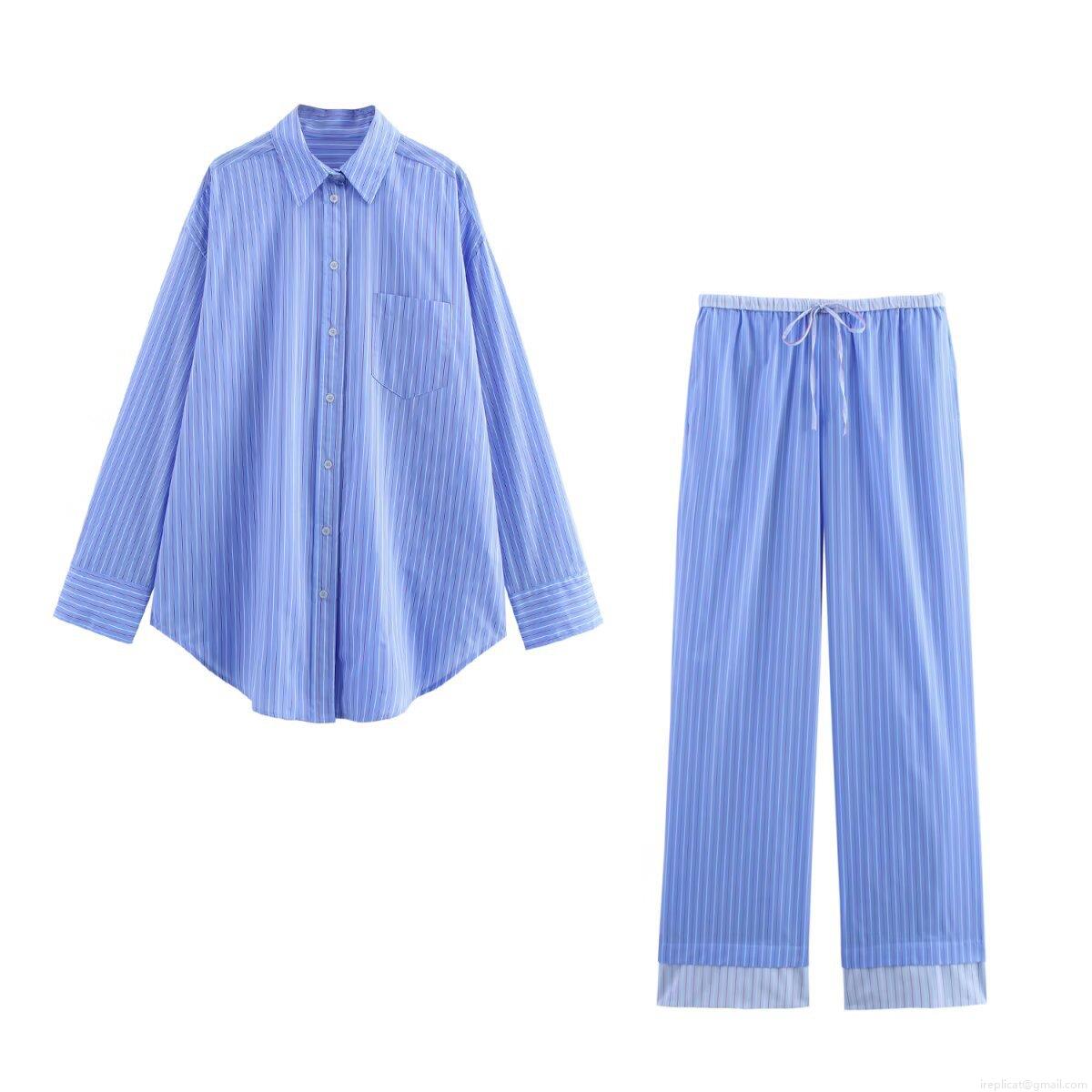 Women's Casual Vertical Striped Shirt and Pants Set Long Sleeve Button Down Blouse and Wide Leg Trousers Two Piece Lounge Wear Set