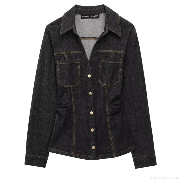 Women's Fashion Slim Denim Shirt and High Waisted Straight Leg Pants Two-Piece Set Long Sleeve Button Down Top with Contrast Stitching Streetwear Suit
