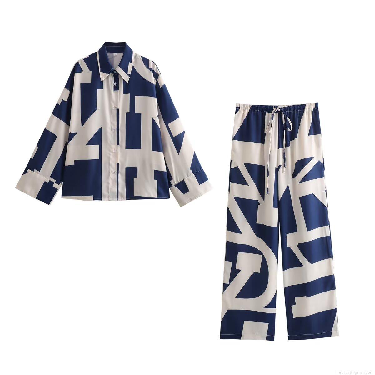 Women's Geometric Letter Print 2 Piece Leisure Set Long Sleeve Button Down Shirt And Wide Leg Drawstring Pants Casual Streetwear Tracksuit