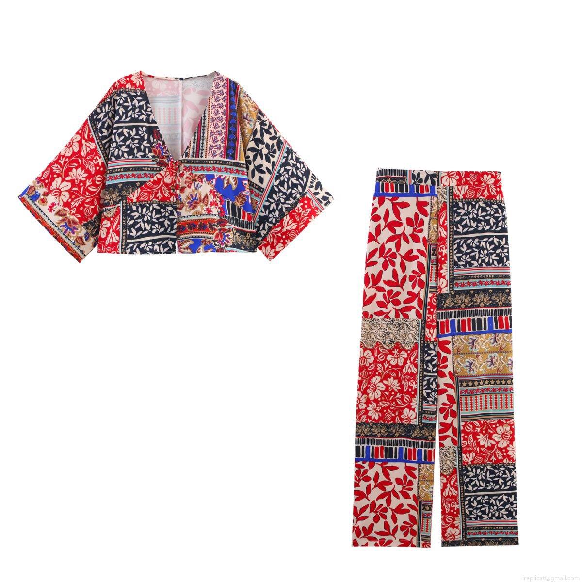 Women's Bohemian Patchwork Print V-Neck Blouse And Wide Leg Pants Set Ethnic Style Loose Long Sleeve Top High Waist Trousers Two Piece Outfits For Vacation Streetwear