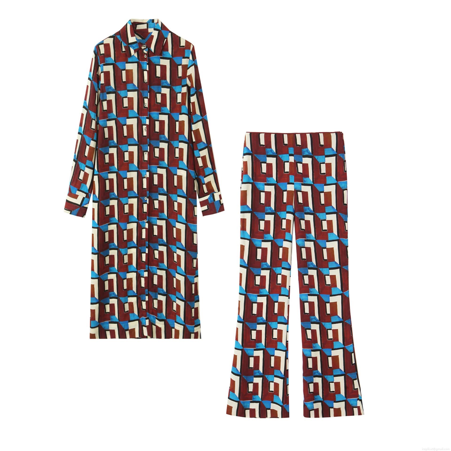 Women's 2 Piece Outfits Retro Geometric Print Long Sleeve Button Down Shirt And High Waist Wide Leg Pants Set Vintage Color Block Tunic Trousers Set For Streetwear