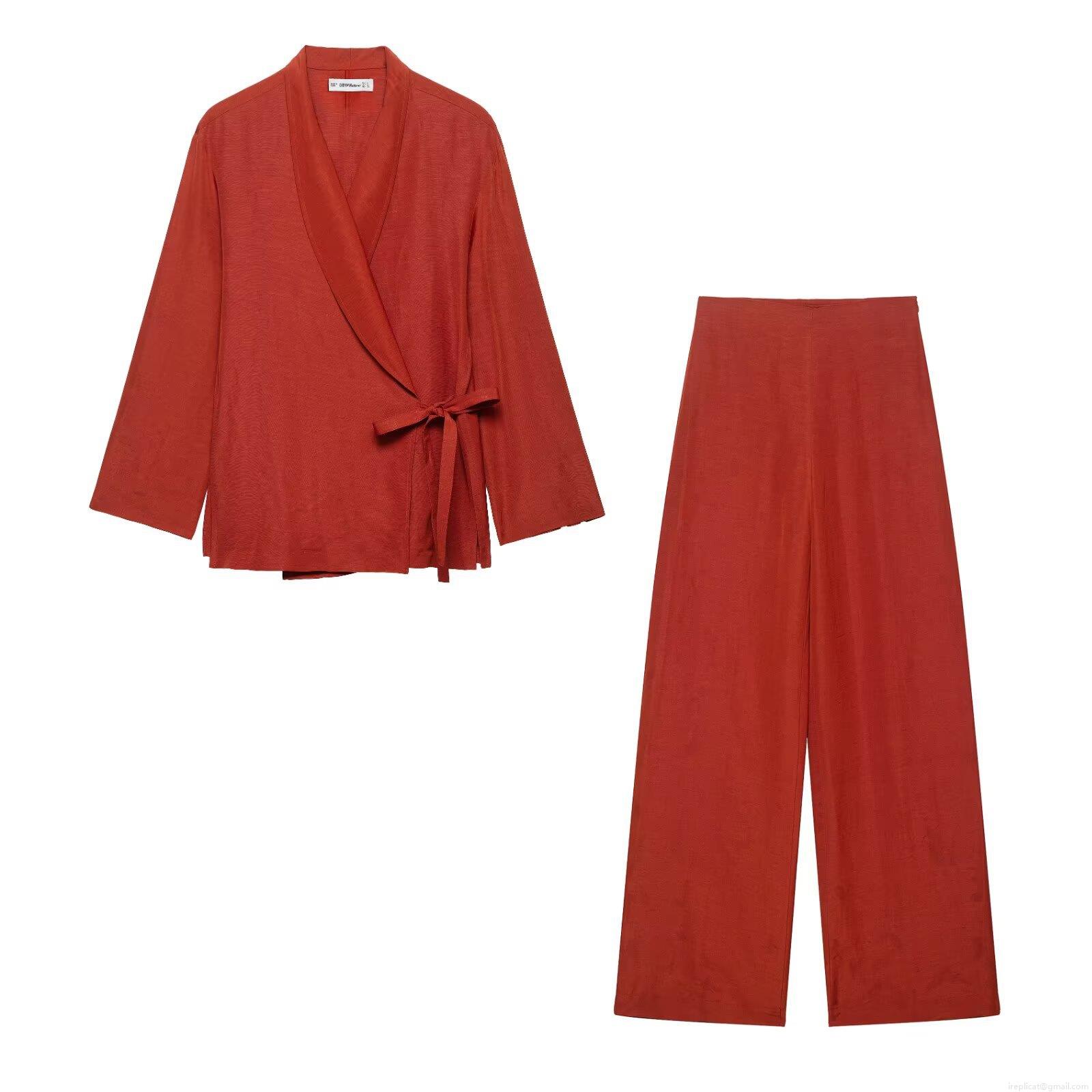 Women's Casual Solid Brick Red Kimono Style Wrap Tie Top Or High Waist Wide Leg Straight Pants Elegant Linen Texture Polyester Two Piece Outfit For Streetwear Vacation