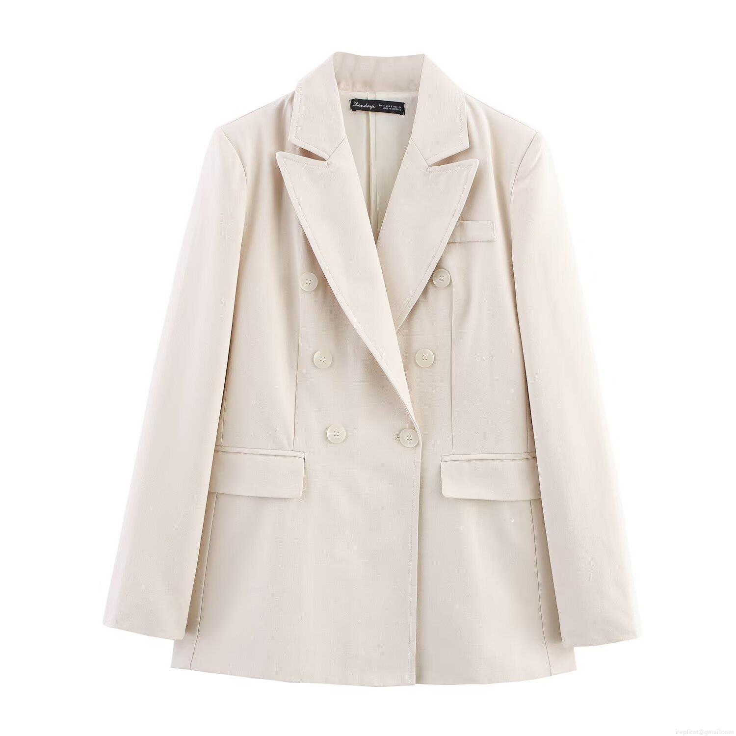 Women Elegant Two Piece Suit Set Double Breasted Long Sleeve Blazer And High Waist Wide Leg Pants Office Lady Professional Workwear Solid Beige