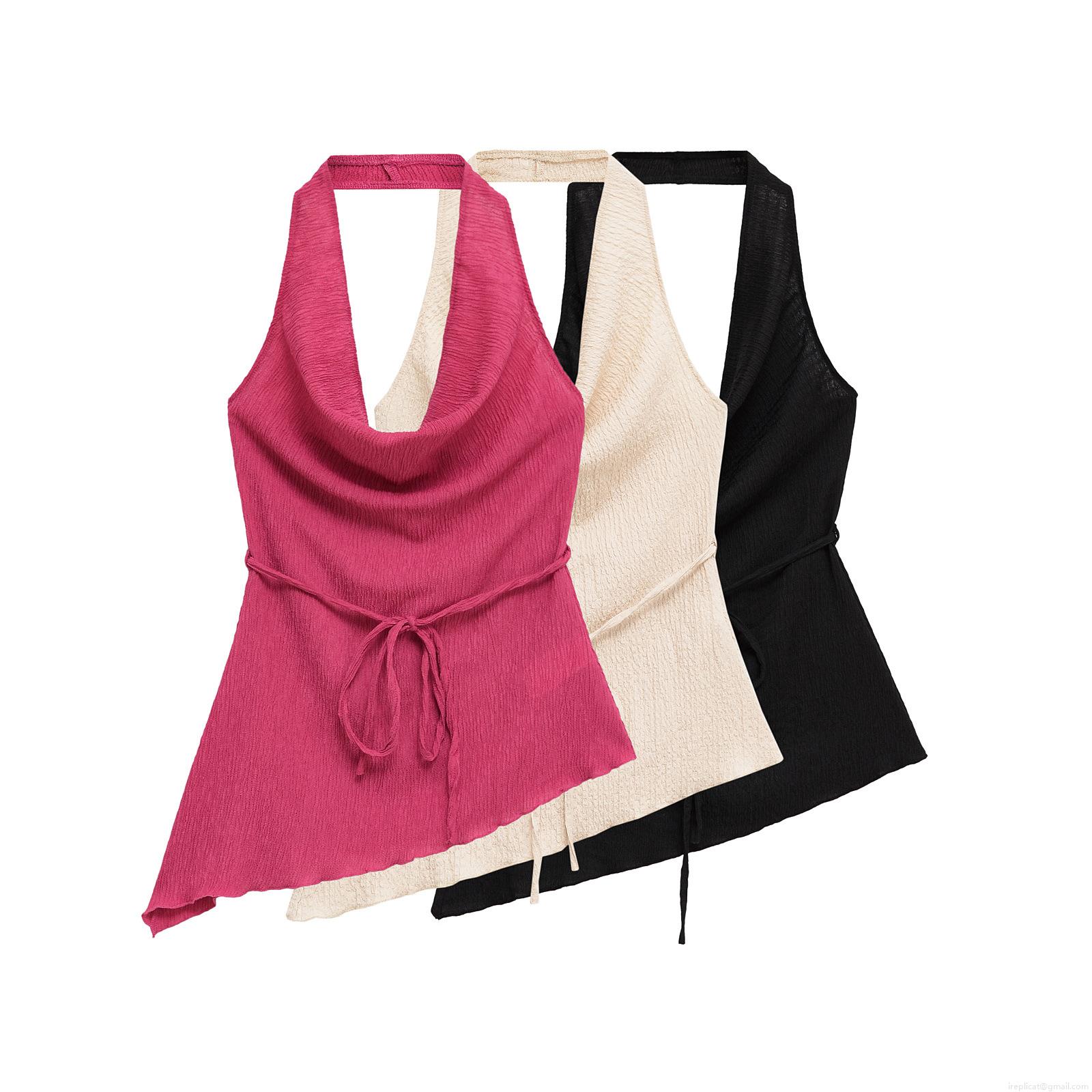 Women's Halter Neck Asymmetric Top and High Waist Wide Leg Pleated Pants Set Polyester Crinkle Texture Outfits Streetwear Women Casual Vacation Summer