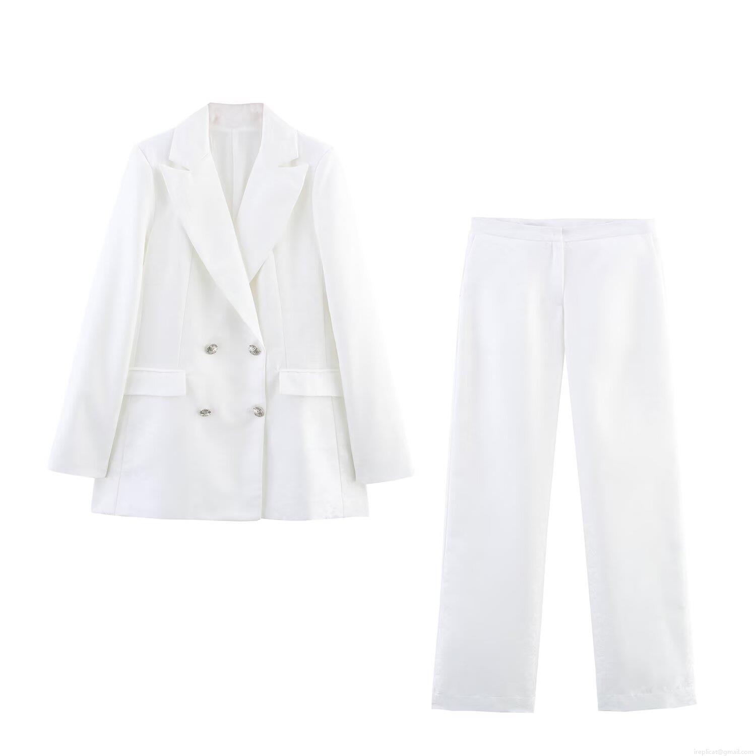 Women's Elegant Two Piece Blazer Pants Set Double Breasted Jacquard Jacket With High Waist Straight Leg Trousers Professional Office Streetwear Solid Color White Set