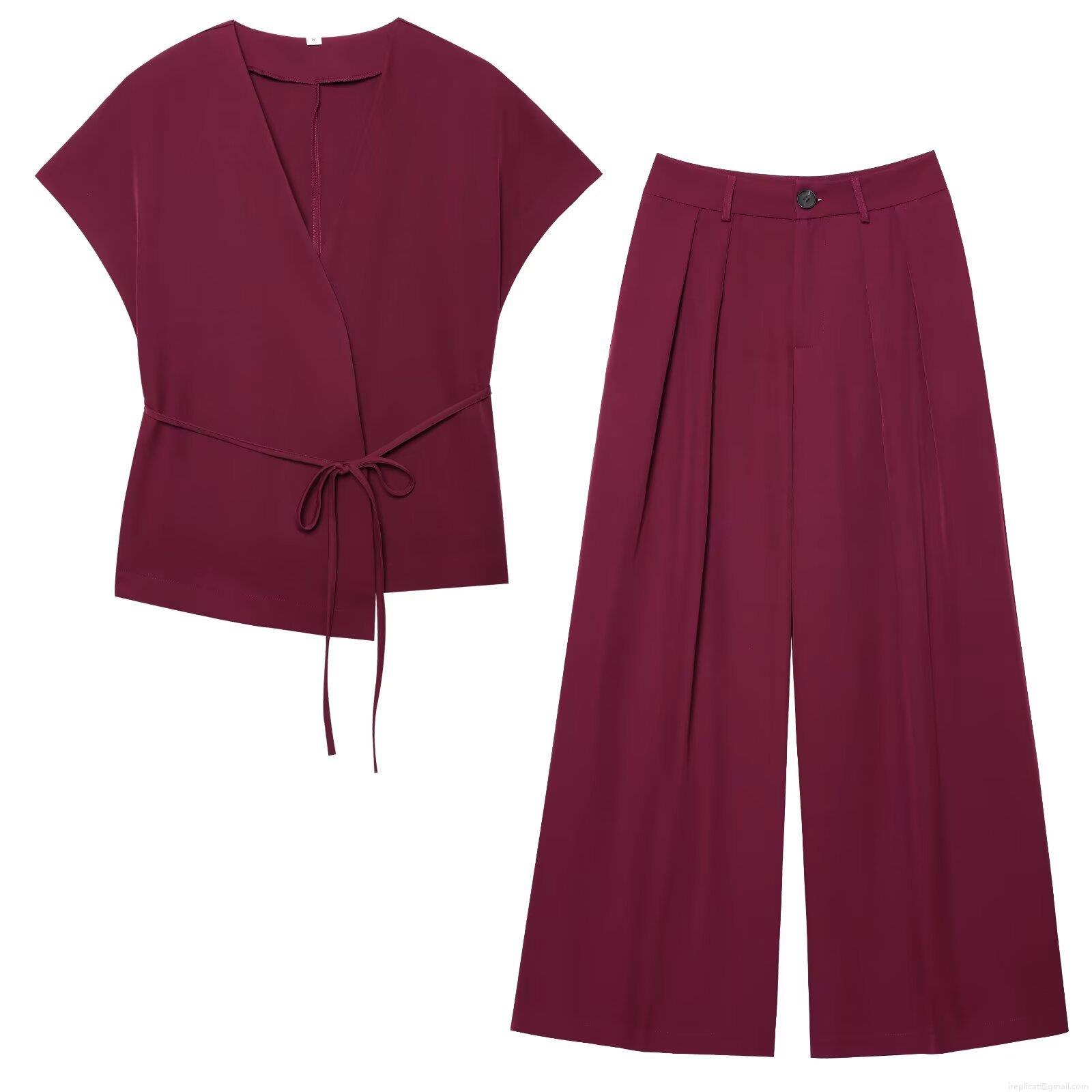 Women's Elegant Polyester Two Piece Set V-Neck Tie-Front Sleeveless Top And High Waist Wide Leg Pants Solid Color Casual Streetwear Outfit For Daily Commute