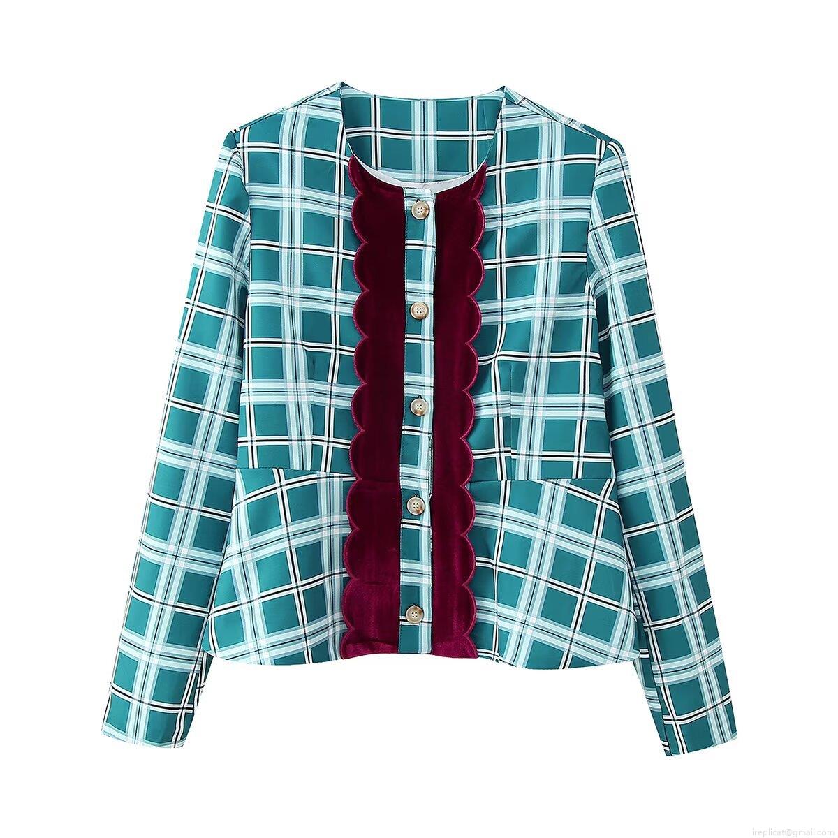 Women Checkered Plaid Pants Suit Set 100% Polyester Woven Velvet Wavy Trim Peplum Jacket And High Waist Wide Leg Trousers European Street Style Office Commute Wear