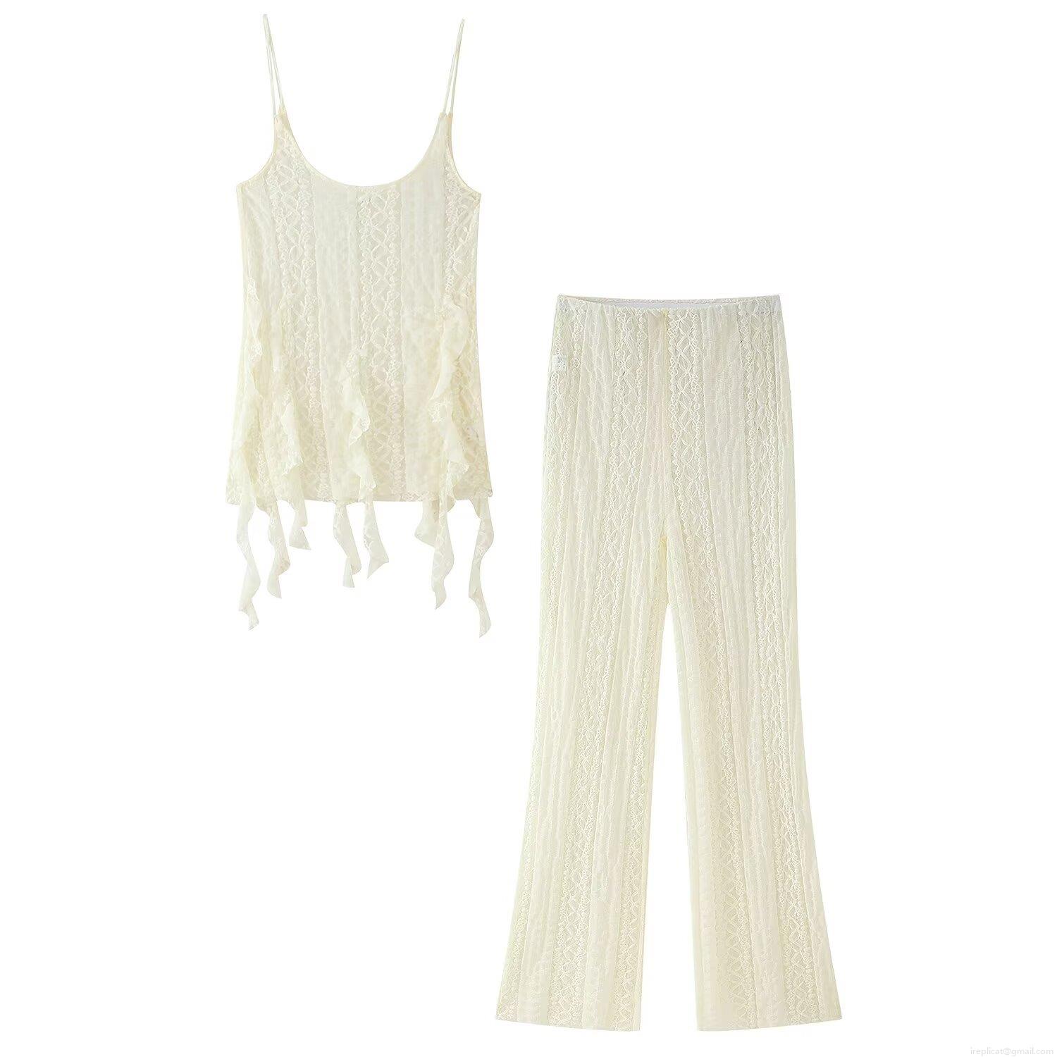 Women's Sexy White Lace Two Piece Set Hollow Out Camisole Top And High Waisted Flared Trousers Elegant Summer Beach Vacation Clubwear Outfit
