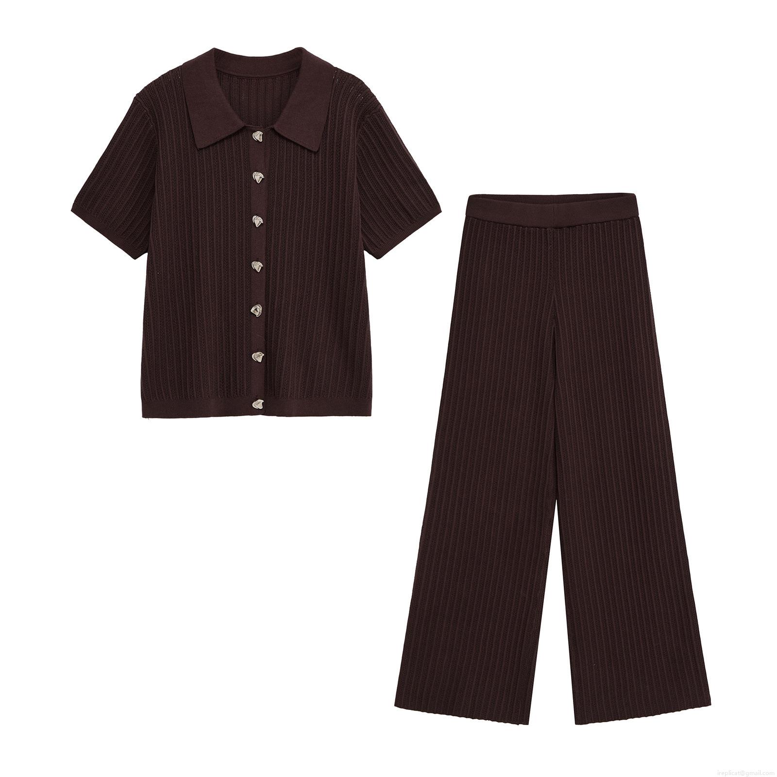 Women Two Piece Outfits Ribbed Knit Set Short Sleeve Polo Cardigan Top And Wide Leg Pants Casual Streetwear Solid Loungewear Fashion Set