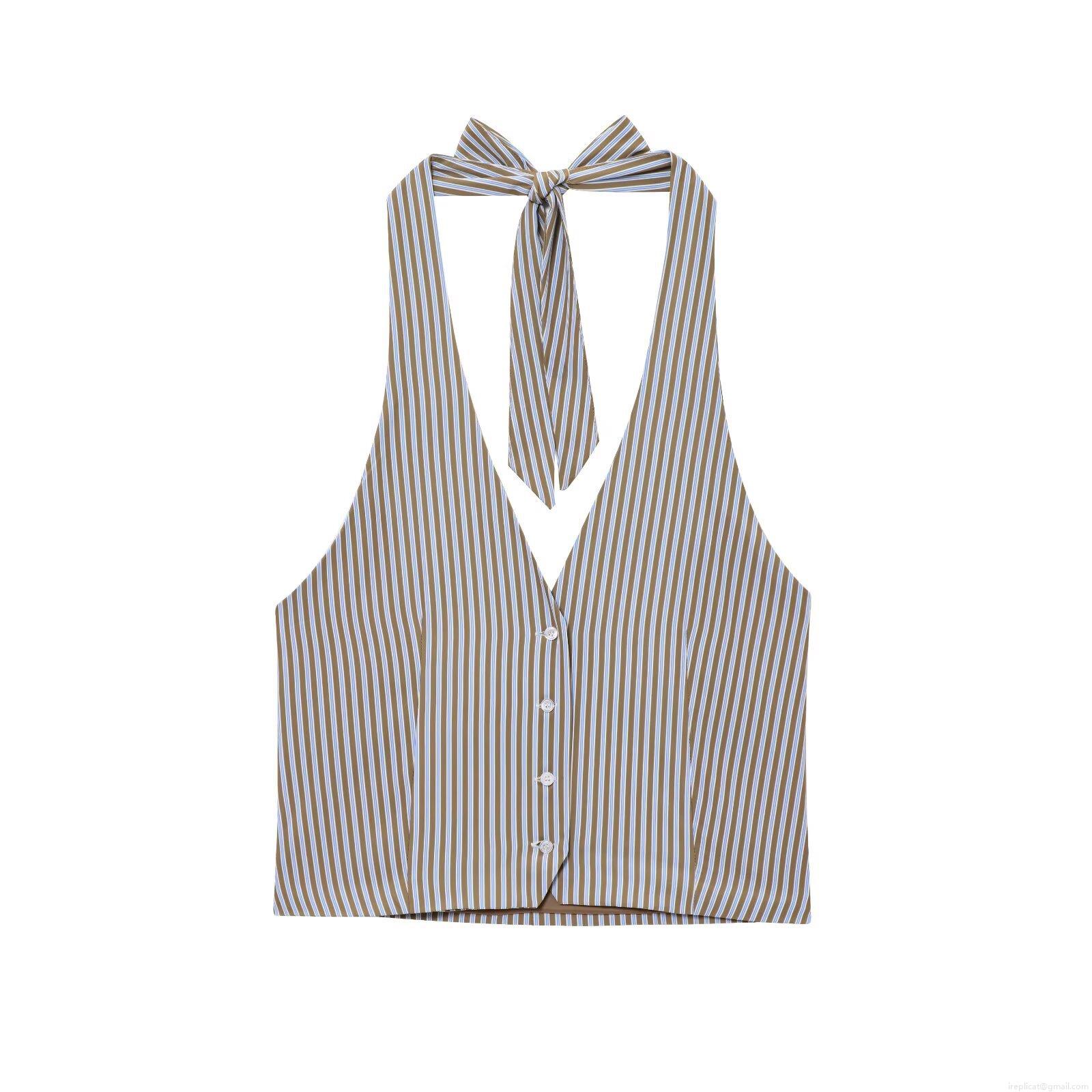 Women's Striped Halter Neck Crop Top And Wide Leg Pants Set 2 Piece Summer Outfits Sexy Backless V Neck Button Down Vest Straight Trousers Casual Beach Vacation Polyester Cotton Blend Clothing