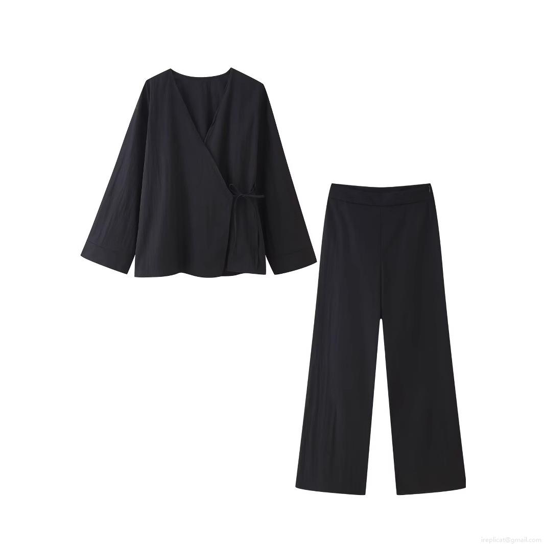Women's Casual 2 Piece Lounge Set Solid Color Textured V Neck Wrap Tie Long Sleeve Top and High Waist Wide Leg Pants Streetwear Outfit