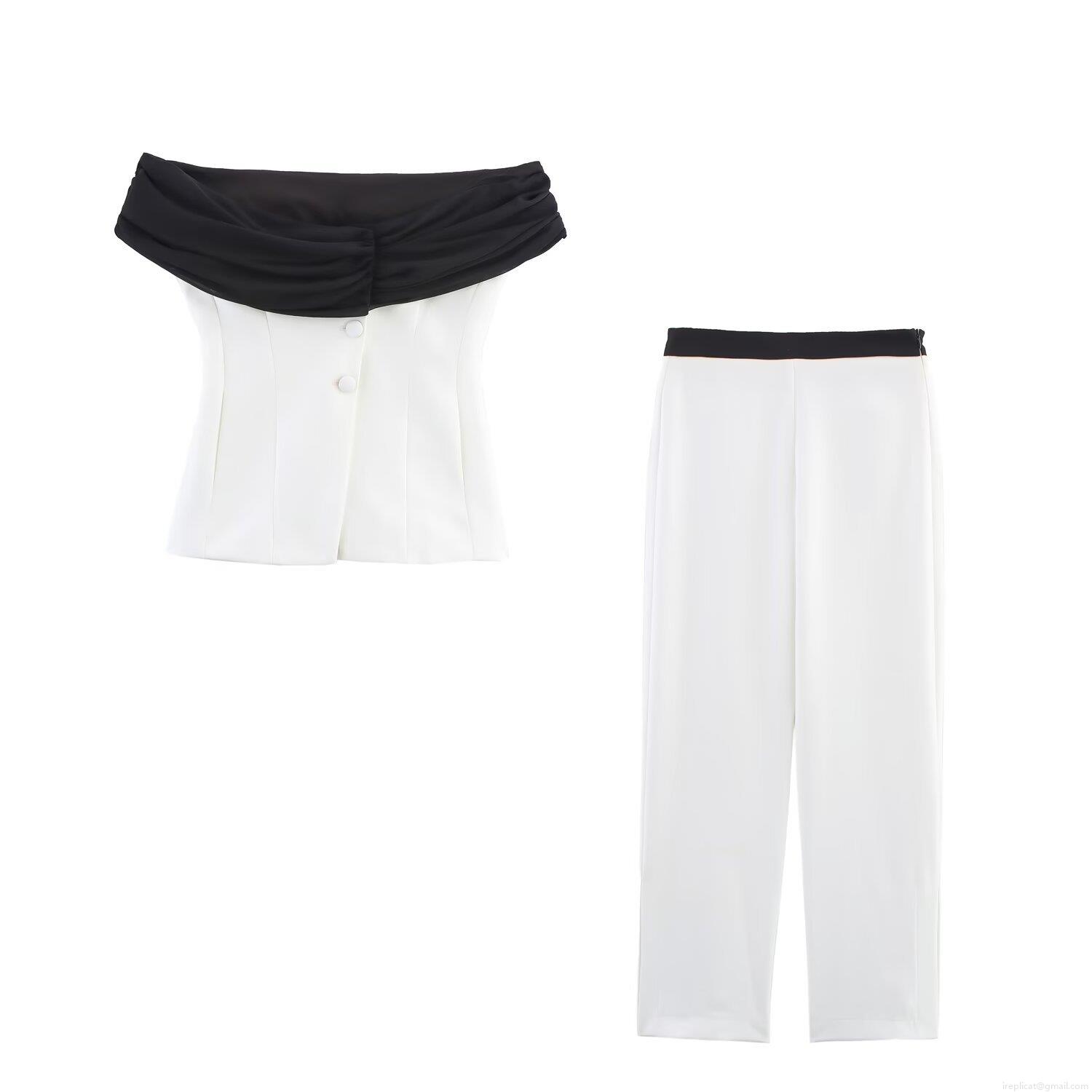 Women's Fashion Black White Patchwork Two Piece Set Off Shoulder Corset Top and High Waist Straight Leg Trousers Elegant Casual Streetwear Suit