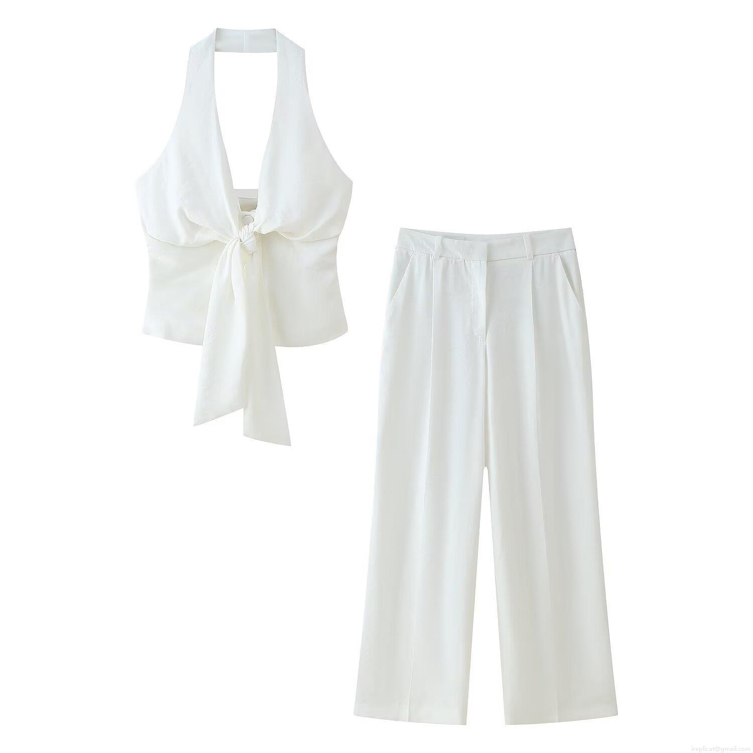 Women's Two Piece Set Sexy Halter Knotted Crop Top And High Waist Pleated Wide Leg Pants Solid White Polyester Casual Streetwear Suit