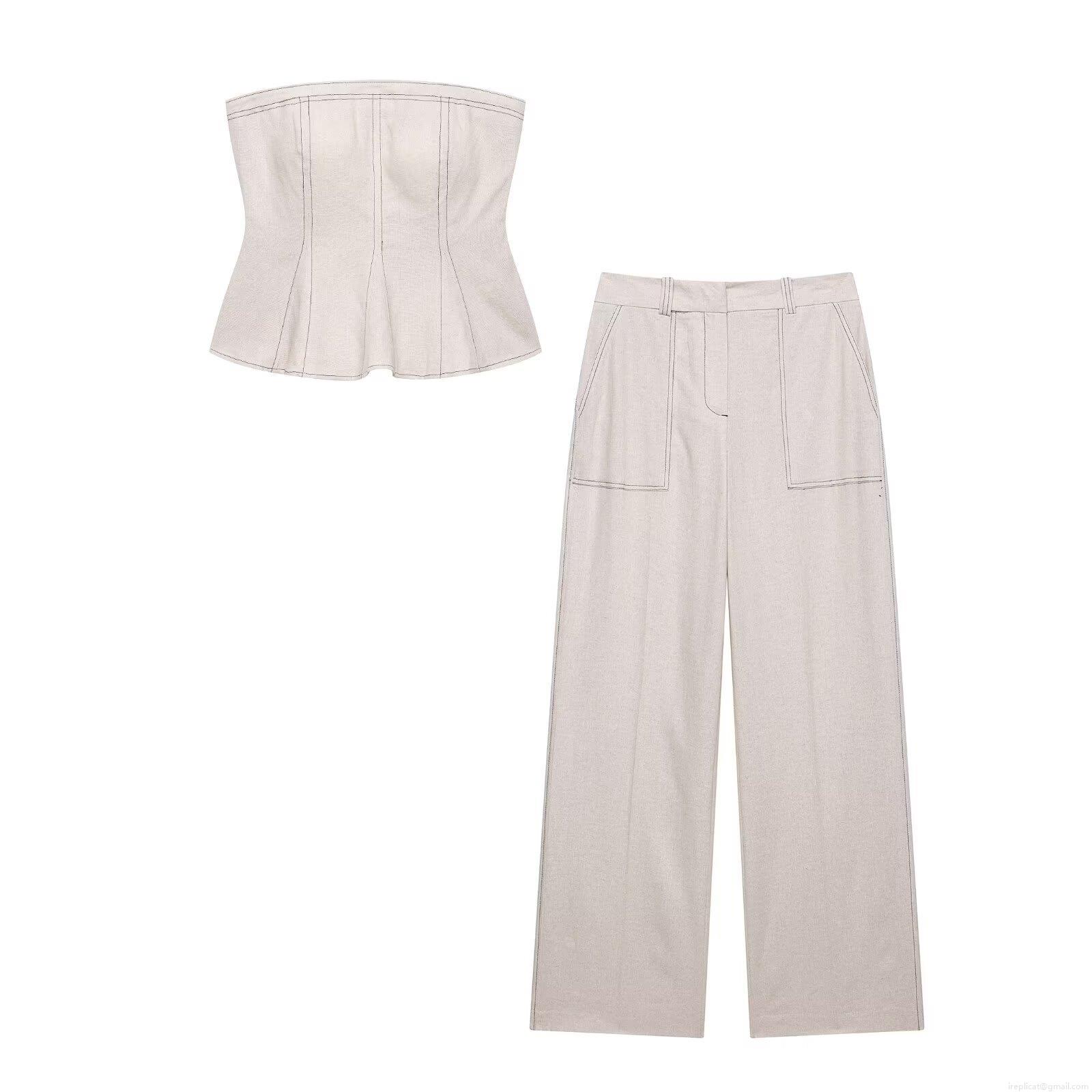 Women Contrast Stitching Linen Blend Two Piece Set Sleeveless Peplum Tube Top And High Waist Wide Leg Pants Street Casual Outfits For Women