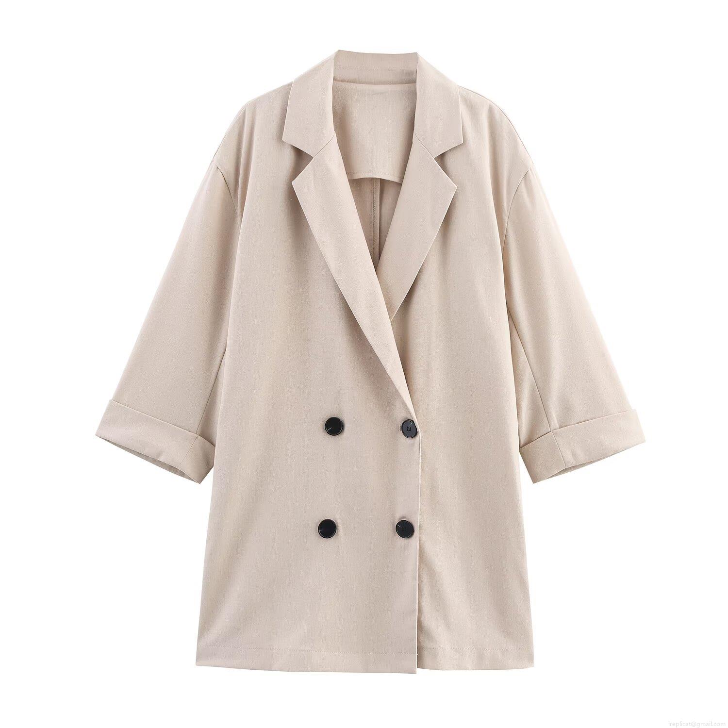 Women's Double Breasted Blazer And Wide Leg Pants Set Solid Color Linen-Look Polyester Blend 2 Piece Outfits For Office Streetwear Casual Suits