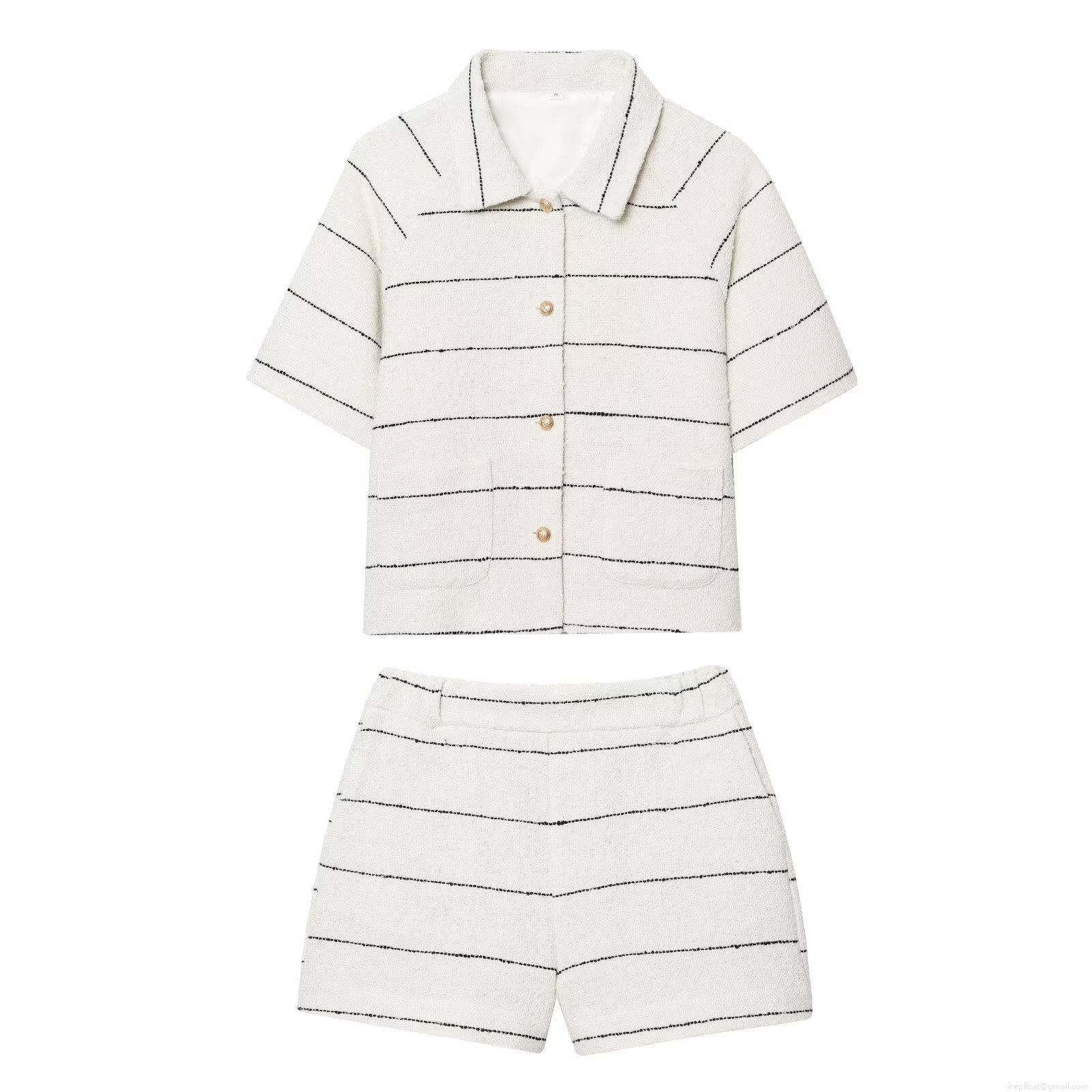 Women's Two Piece Set Elegant Striped Tweed Short Sleeve Blazer Jacket and Shorts Set With Gold Buttons Elegant Office Lady Outfit White Black Suit