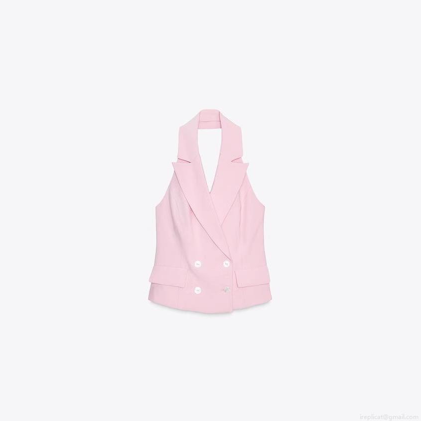 Women's 2 Piece Set Pink Halter Neck Double Breasted Vest Waistcoat and Pleated Wide Leg Trousers Polyester Twill Elegant Office Suits
