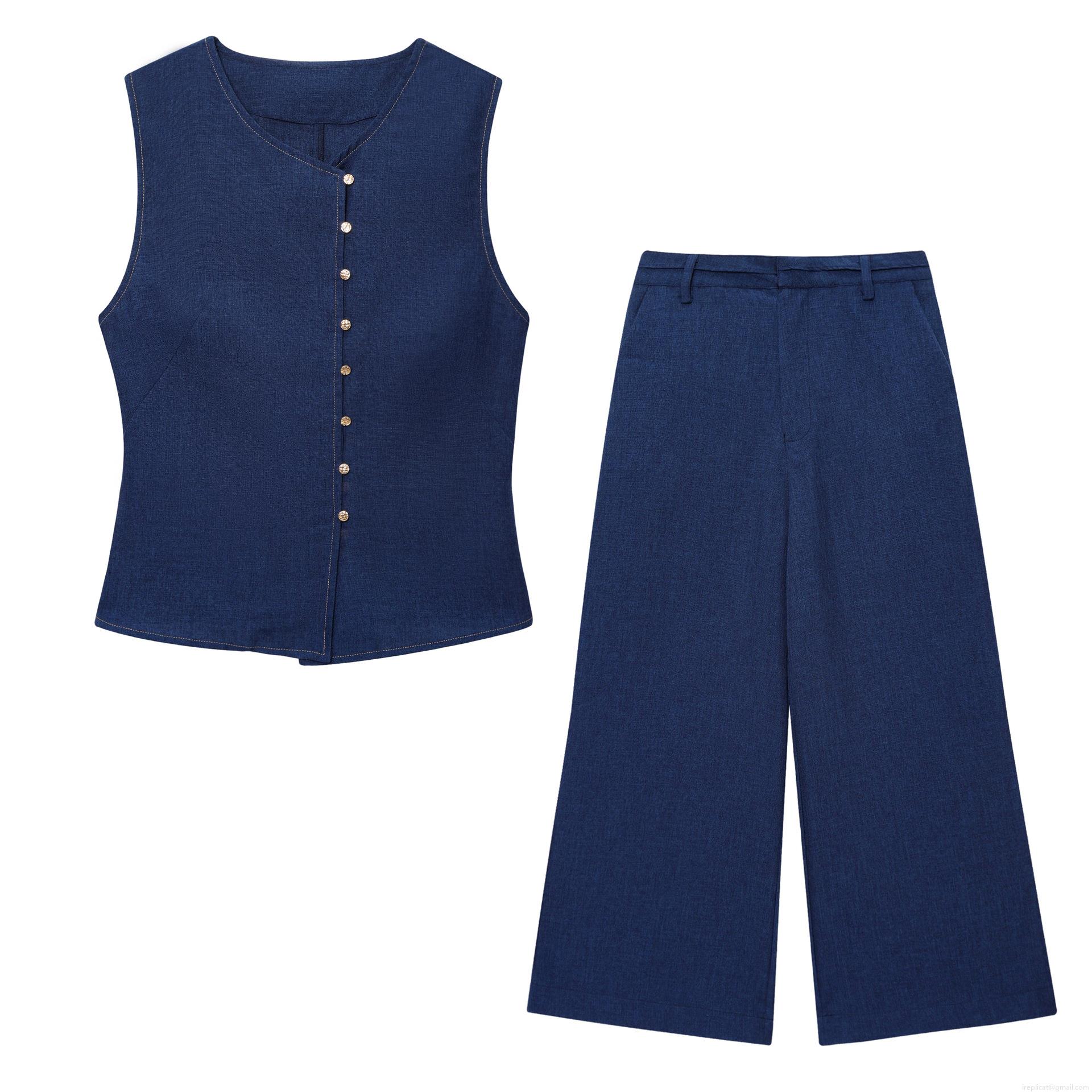 Women's Two Piece Set Linen Like Polyester Sleeveless Double Breasted Vest and High Waist Wide Leg Pants Casual Summer Office Outfit Streetwear