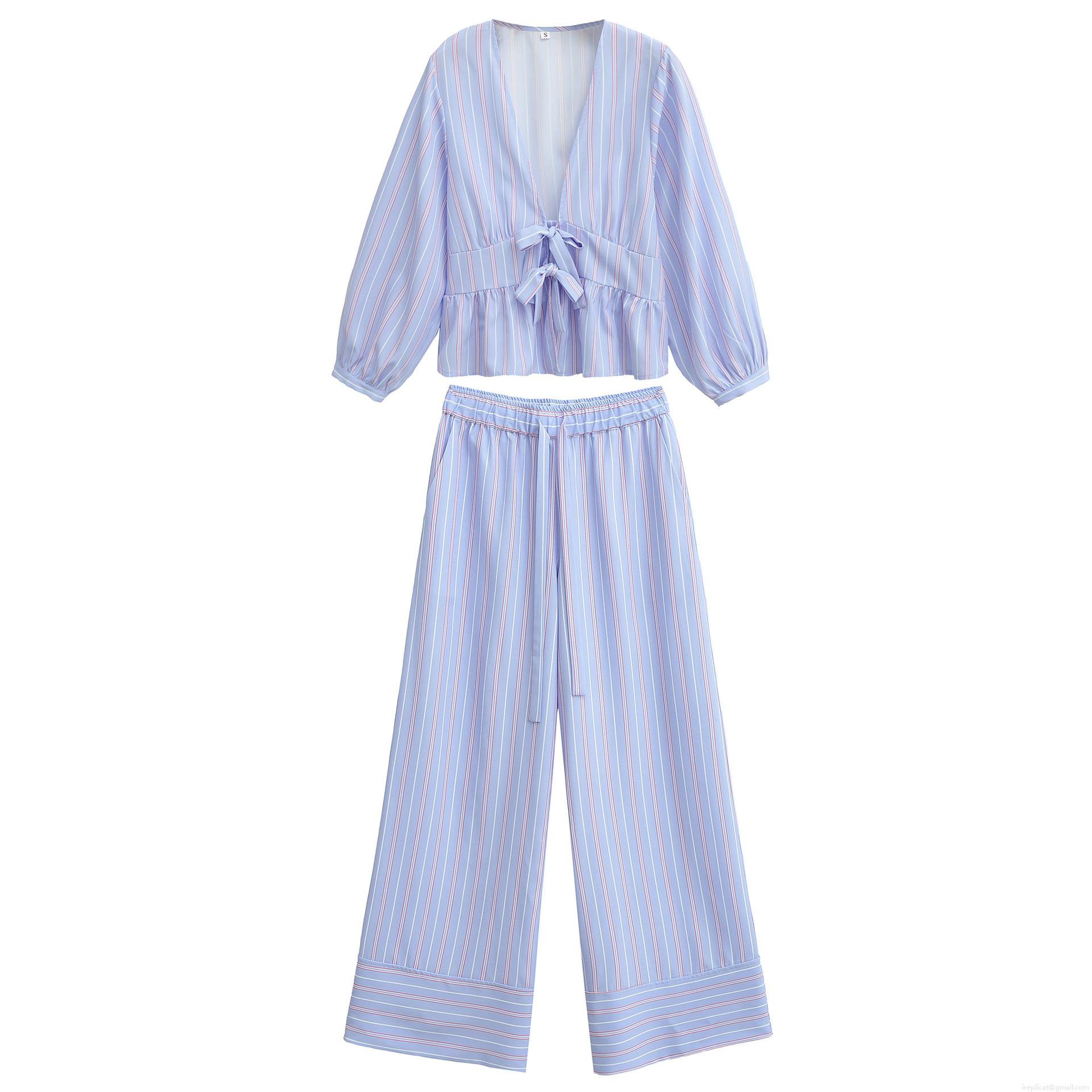 Women's Striped Two Piece Set V-Neck Bow Tie Long Sleeve Shirt And Elastic Waist Wide Leg Pants Casual Loose Loungewear Outfit Streetwear