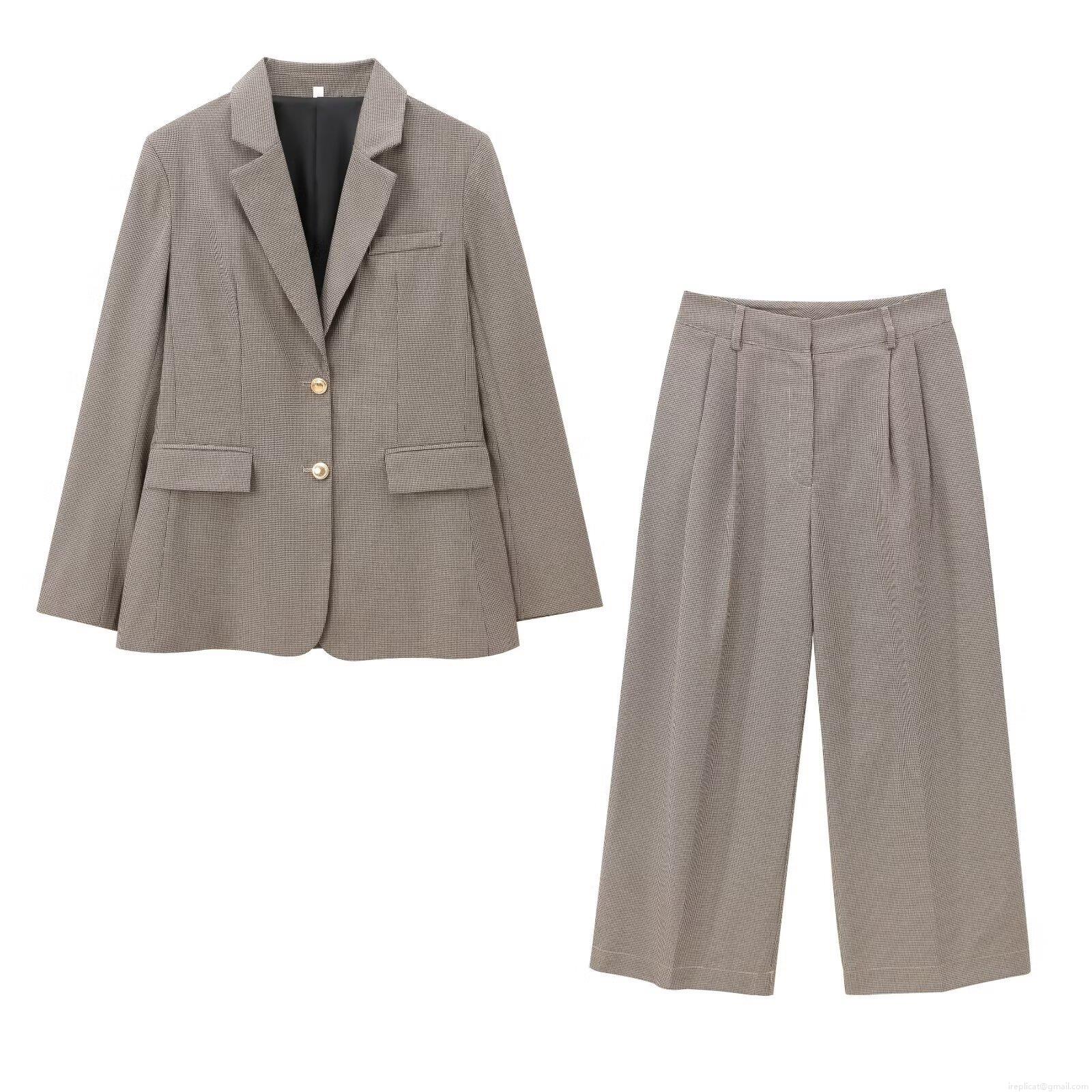 Women Houndstooth Blazer And Wide Leg Pants Two Piece Suit Set Polyester Gold Button Single Breasted Jacket High Waist Trousers Streetwear Office Lady