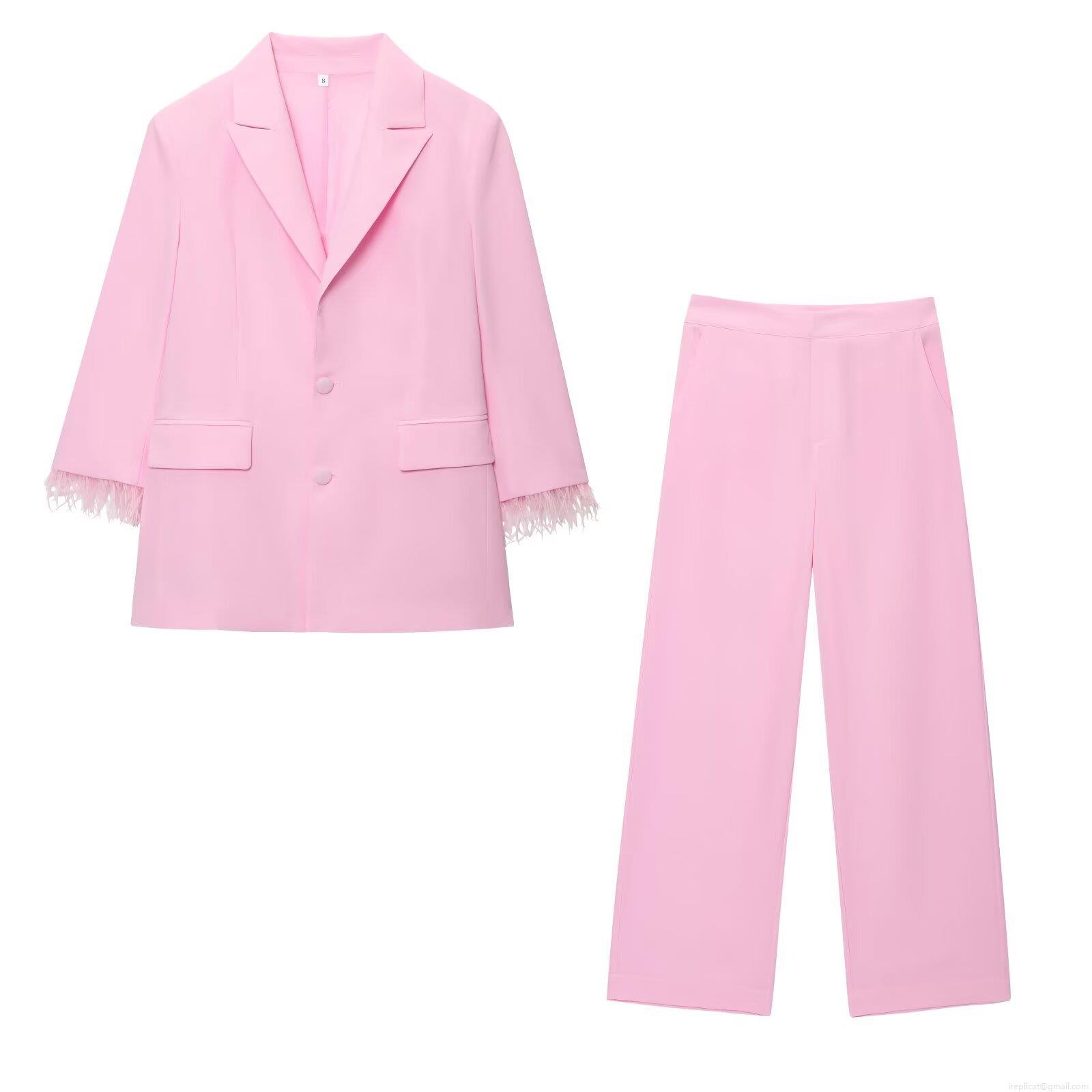 Women's Elegant Pink Two Piece Blazer Set Feather Cuff Long Sleeve Double Breasted Jacket and High Waist Wide Leg Pants Professional Office Party Suit