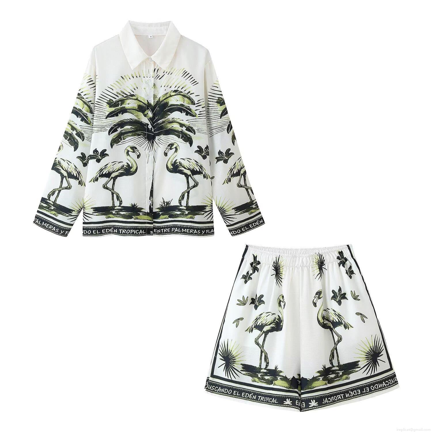 Women Tropical Flamingo Print Casual Two-Piece Set Long Sleeve Button Up Lapel Shirt And Elastic Waist Shorts Vacation Outfit For Summer