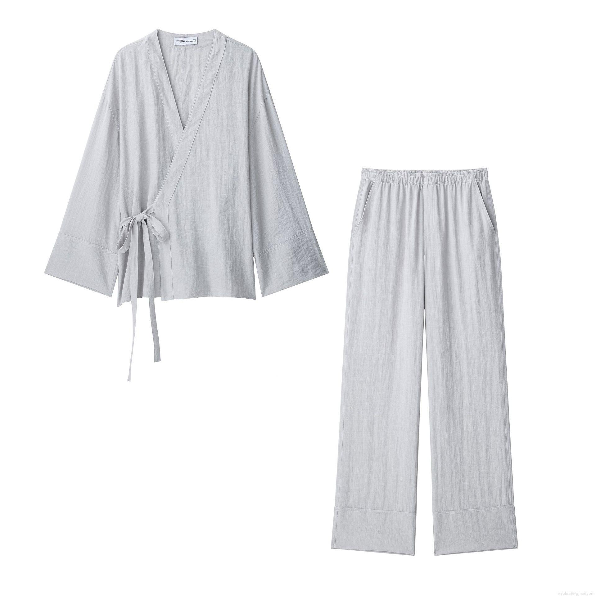 Women's 2 Piece Casual Set Kimono Style Wrap V Neck Tie Side Top And Wide Leg Straight Pants Solid Color Polyester Lounge Outfit