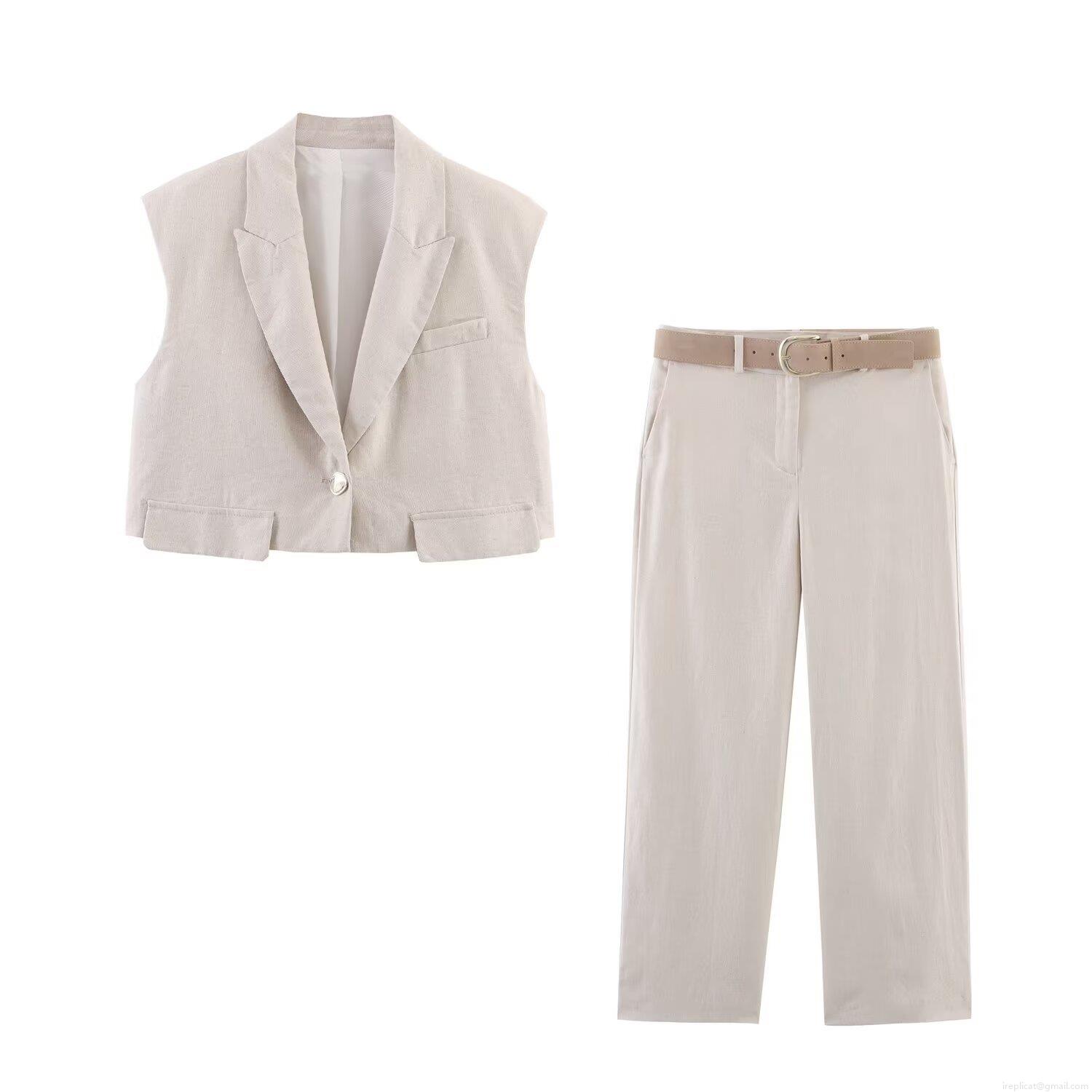 Women Linen Blend 2 Piece Set Lapel Sleeveless Waistcoat Vest And High Waist Wide Leg Pants With Belt Casual Office Outfit Summer Clothes