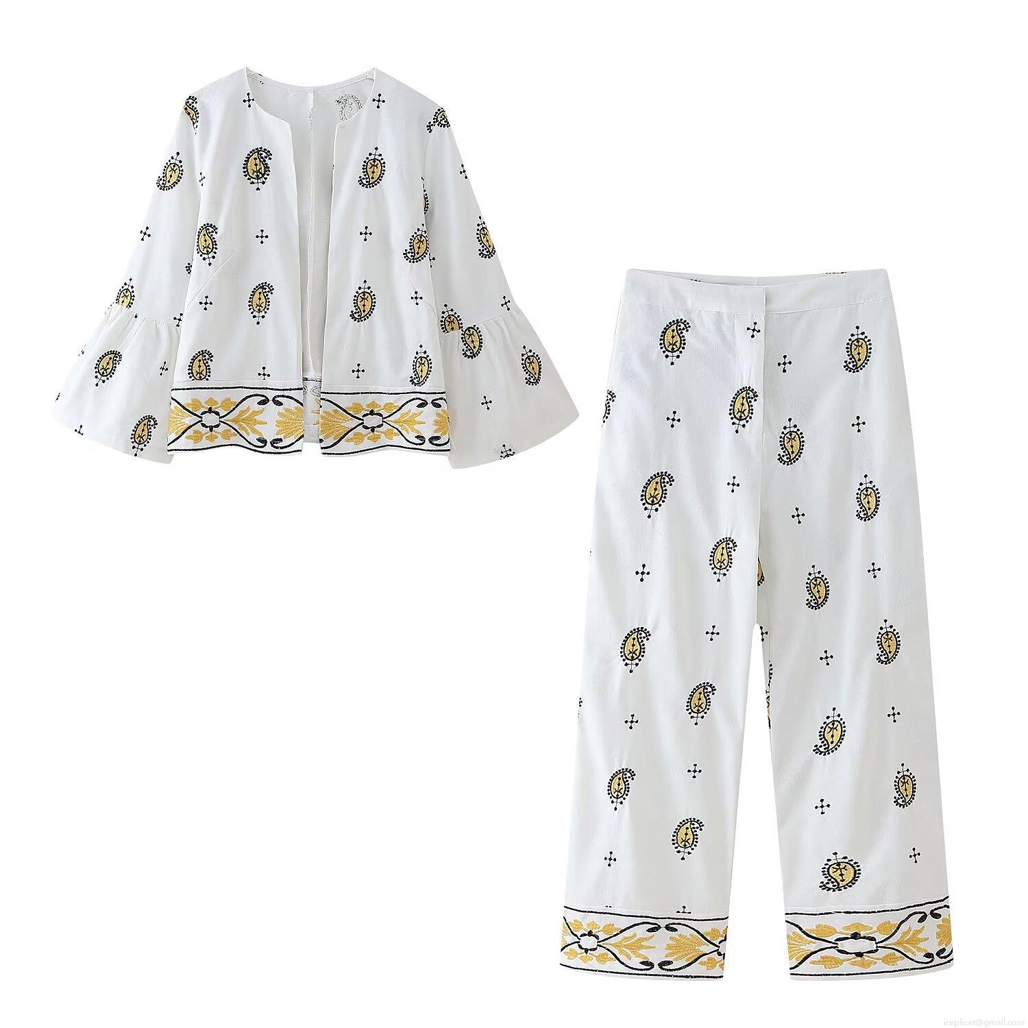 Women's Paisley Embroidery Two Piece Outfits Ethnic Style Flare Sleeve Cardigan Top And Wide Leg Pants Set White Boho Casual Streetwear