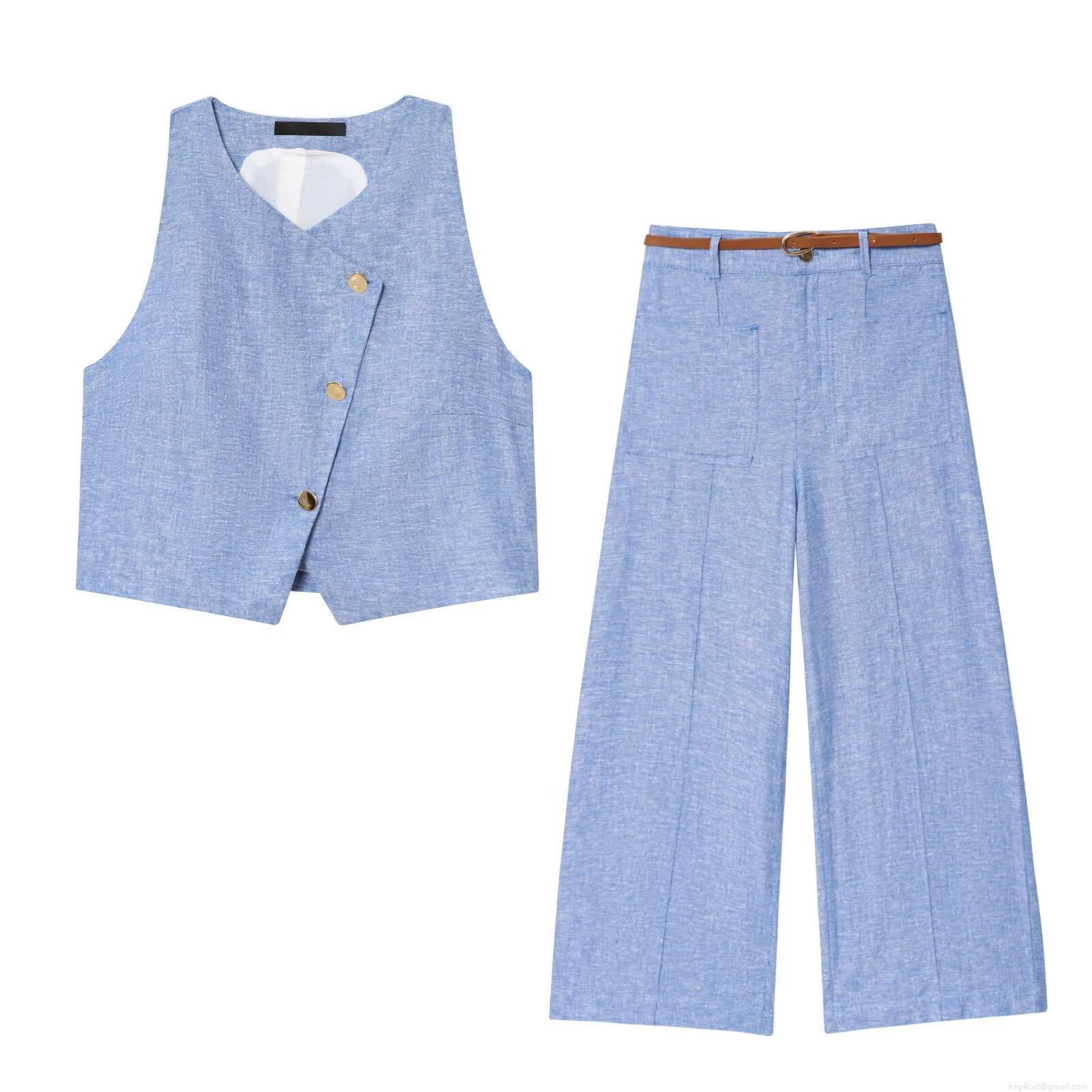 Women's Casual Two Piece Set Polyester Linen Like Texture V-Neck Button Vest And Wide Leg Pants With Belt Summer Streetwear Outfits For Ladies