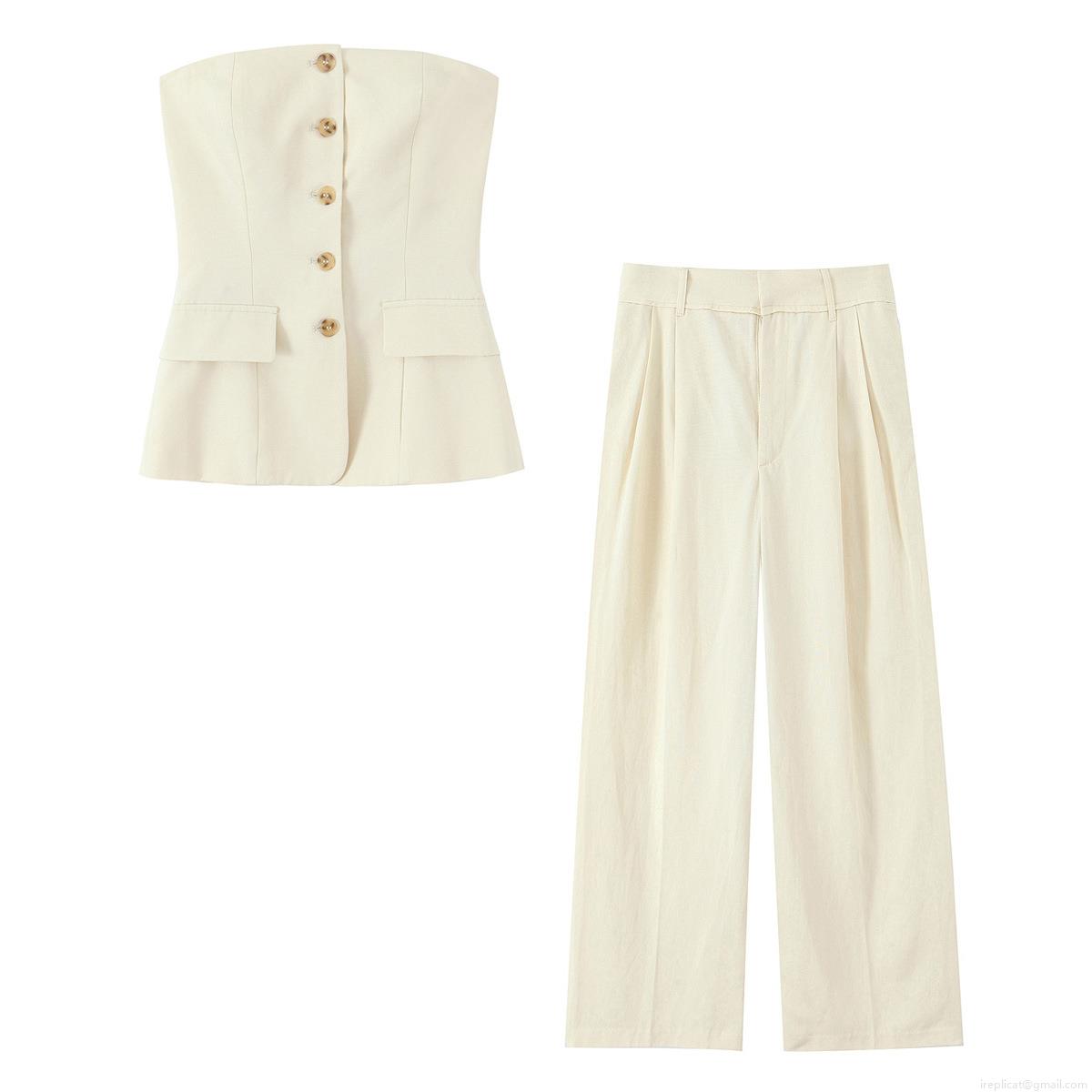 Women Solid Color Two Piece Set Bandeau Button Down Crop Top And High Waist Wide Leg Pleated Trousers Casual Chic Sleeveless Streetwear Outfits