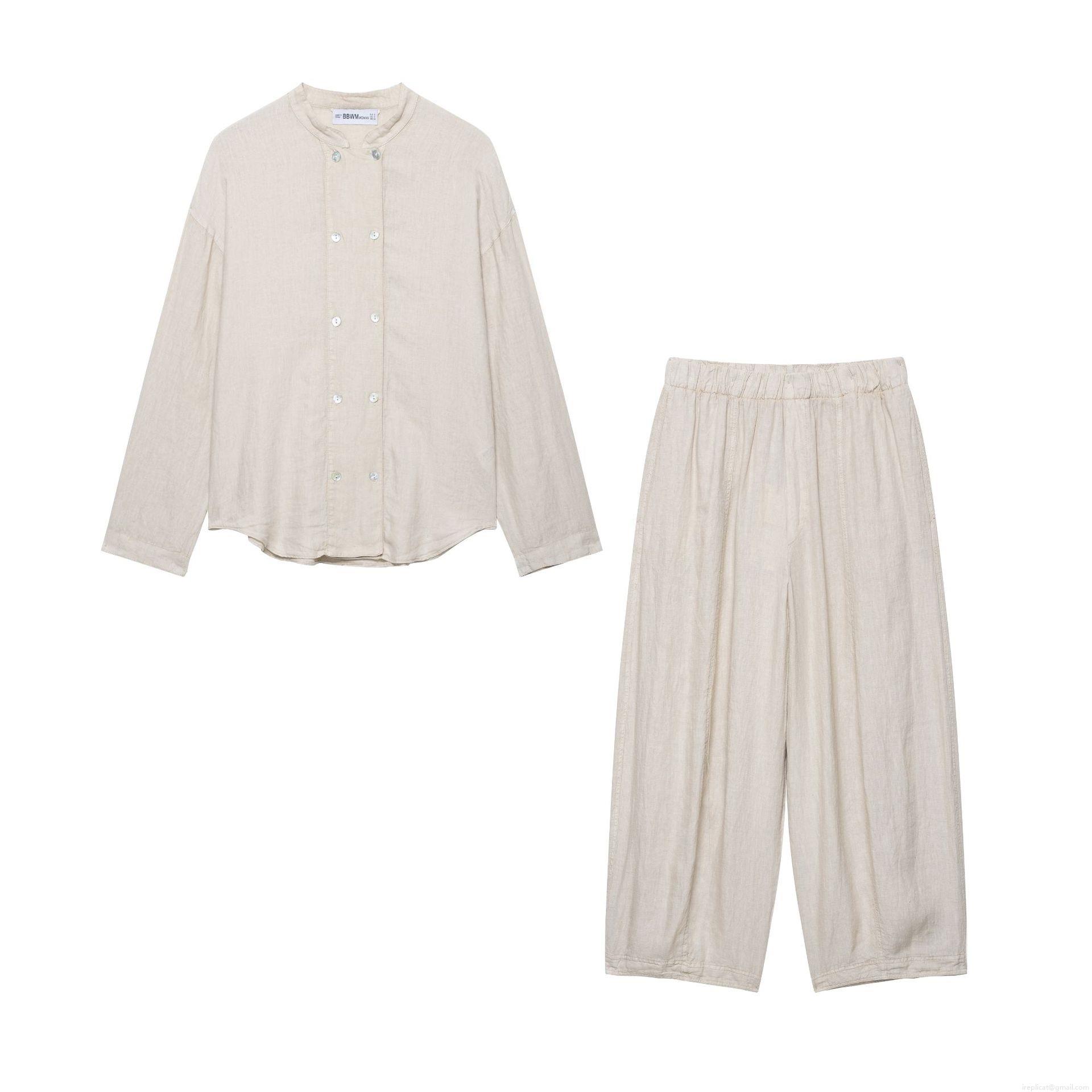 Women's 2 Piece Pants Outfits Sets Linen Texture Long Sleeve Double Breasted Stand Collar Shirt And Wide Leg High Waist Pants Casual Minimalist Streetwear Suit