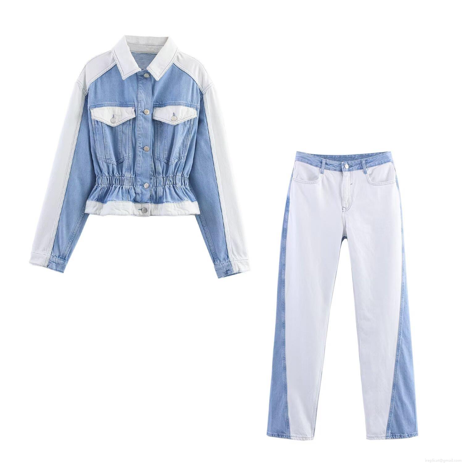 Women Color Block Patchwork Denim Jacket and Straight Leg Pants Two Piece Set Casual Long Sleeve Button Up Crop Top High Waist Jeans Streetwear Outfit