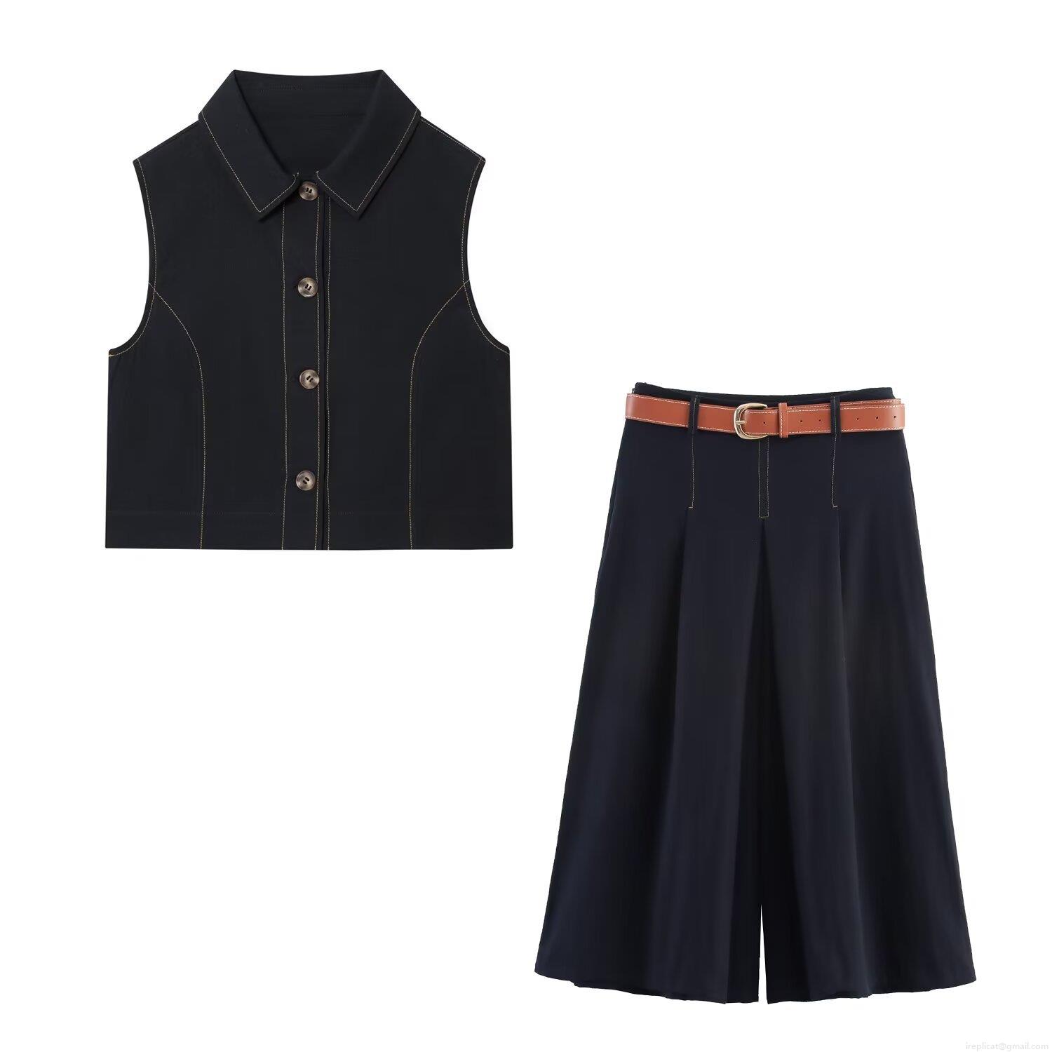 Women's 2-Piece Summer Outfit Contrast Stitch Sleeveless Button Down Vest and Bermuda Shorts Set with Belt Casual Street Style Two Piece Suits