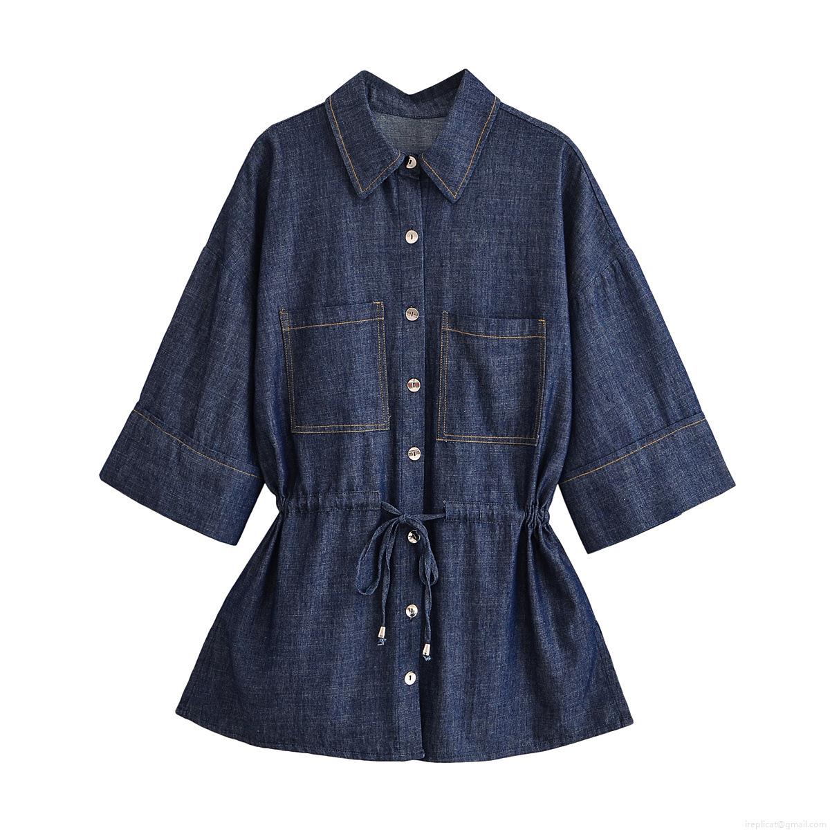Women's Denim Style Safari Shirt And Pants Two Piece Set Deep Blue Polyester Outfits With Drawstring Waist Long Wide Leg Trousers Casual Streetwear Suits