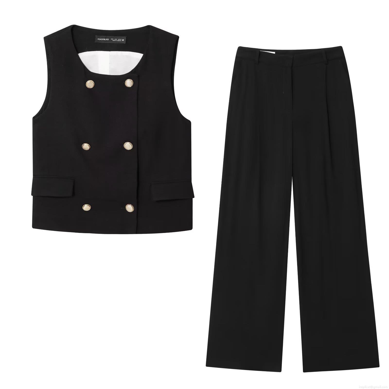 Women Fashion Double Breasted Vest And Wide Leg Pants Set Elegant Sleeveless Top High Waist Pleated Trousers With Golden Buttons European Style Office Lady Streetwear
