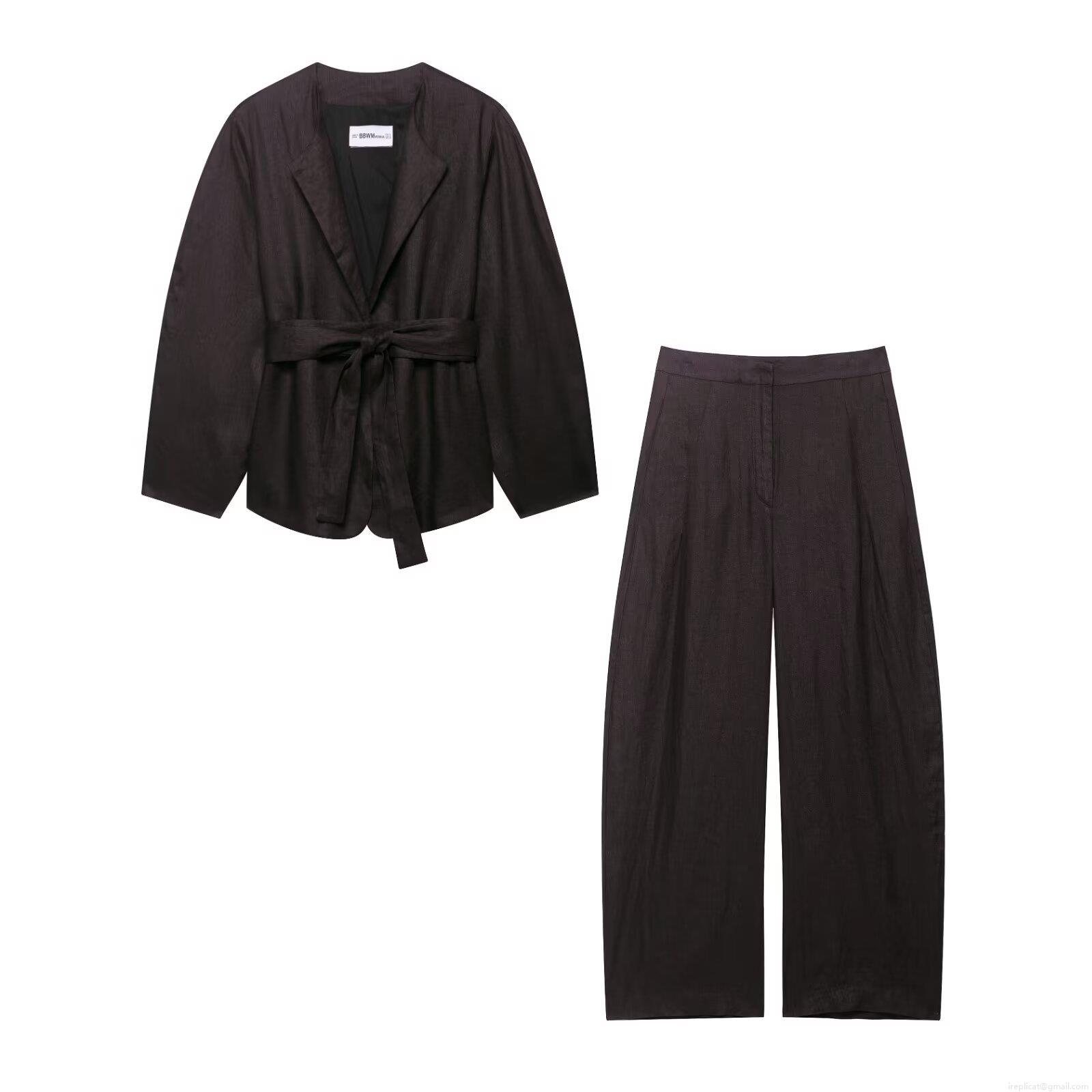 Women's Linen Texture Two Piece Set Kimono Style Long Sleeve Wrap Blazer With Tied Waist And High Waist Wide Leg Balloon Pants Streetwear Casual Elegant Office Outfits
