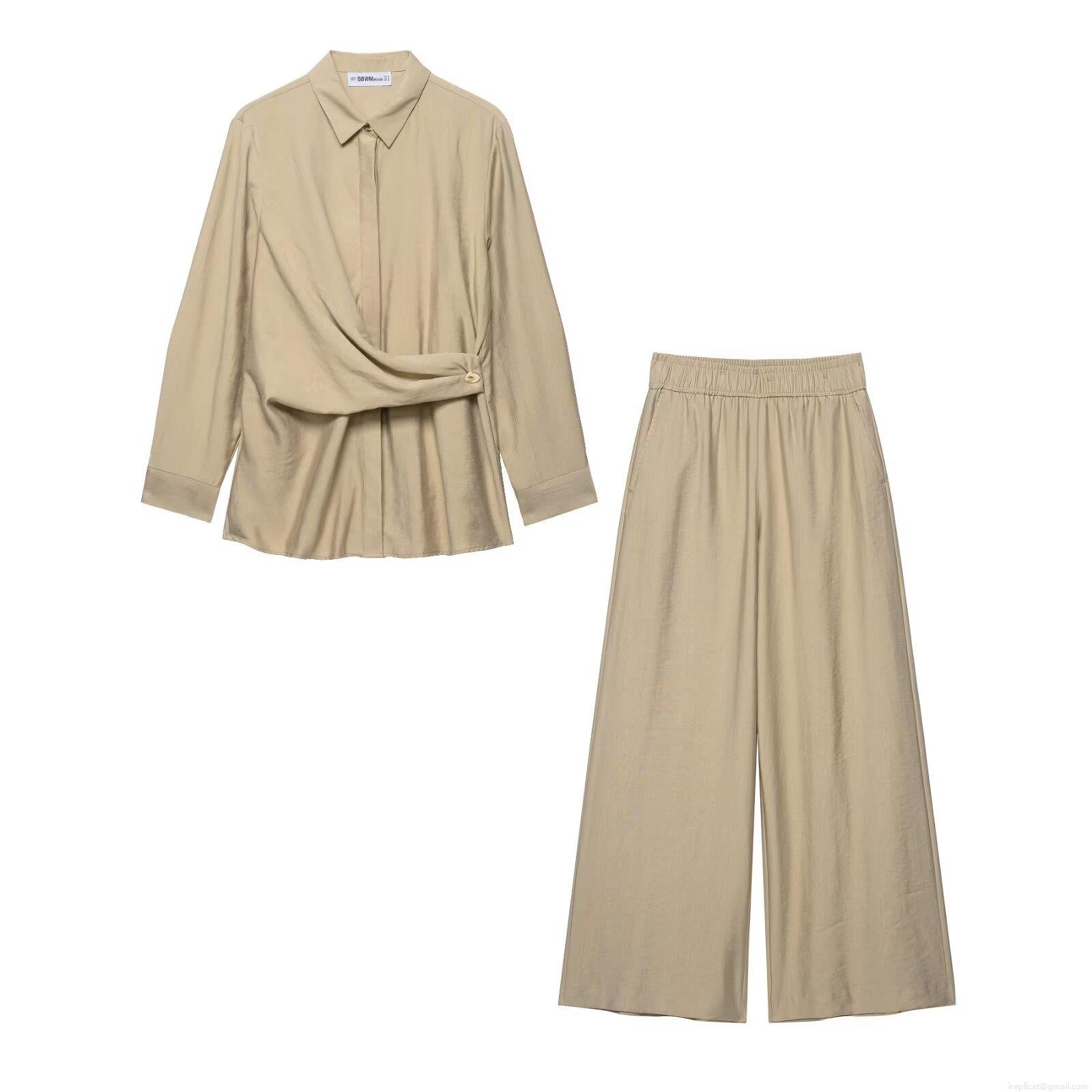 Women's 2-Piece Elegant Khaki Pants Set Long Sleeve Crossover Wrap Shirt With Gold Button High Waist Elastic Wide Leg Trousers Casual Office Suit
