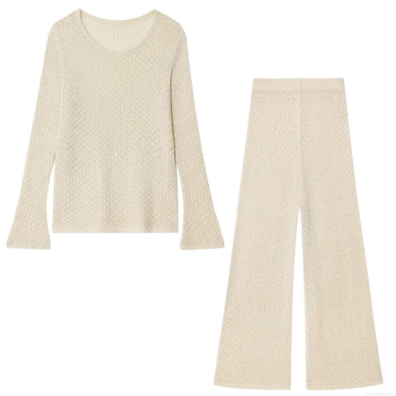 Women's Casual Hollow Out Crochet Knit Two Piece Co-ords Set Long Sleeve Round Neck Top And High Waist Wide Leg Pants Metallic Thread Breathable Summer Autumn Outfits