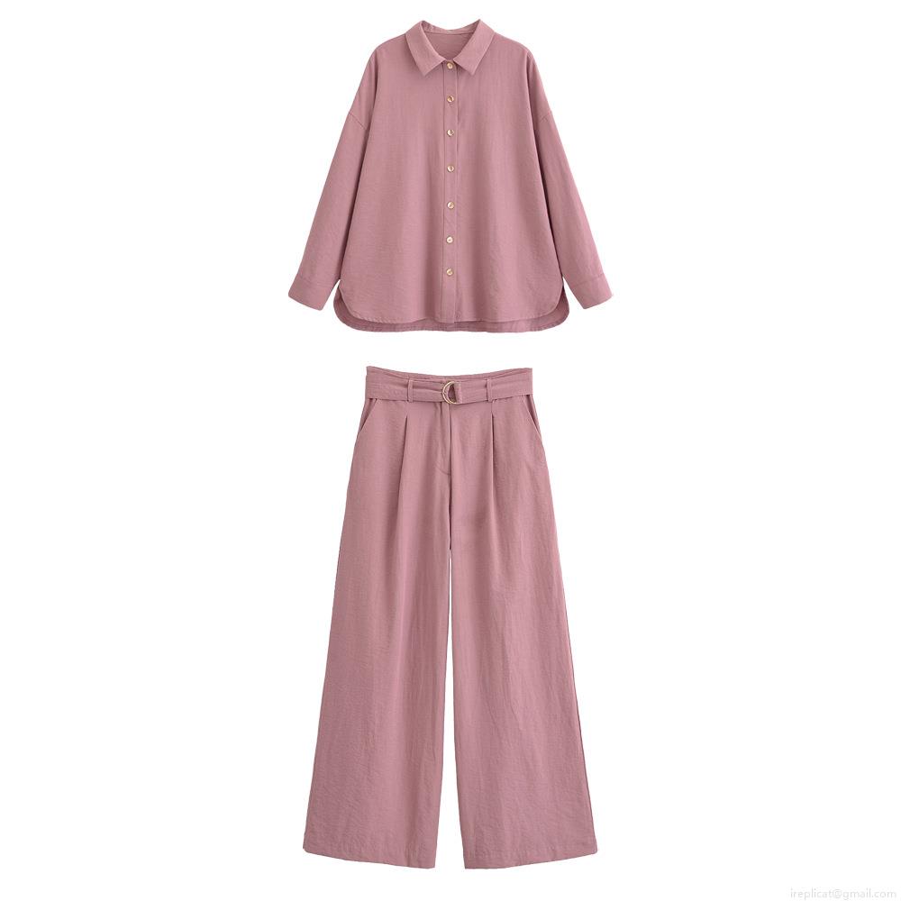 Women's Elegant Two Piece Pants Set 100% Polyester Long Sleeve Lapel Shirt and High Waist Wide Leg Belted Pants Mauve Solid Color Casual Streetwear Outfit for Women