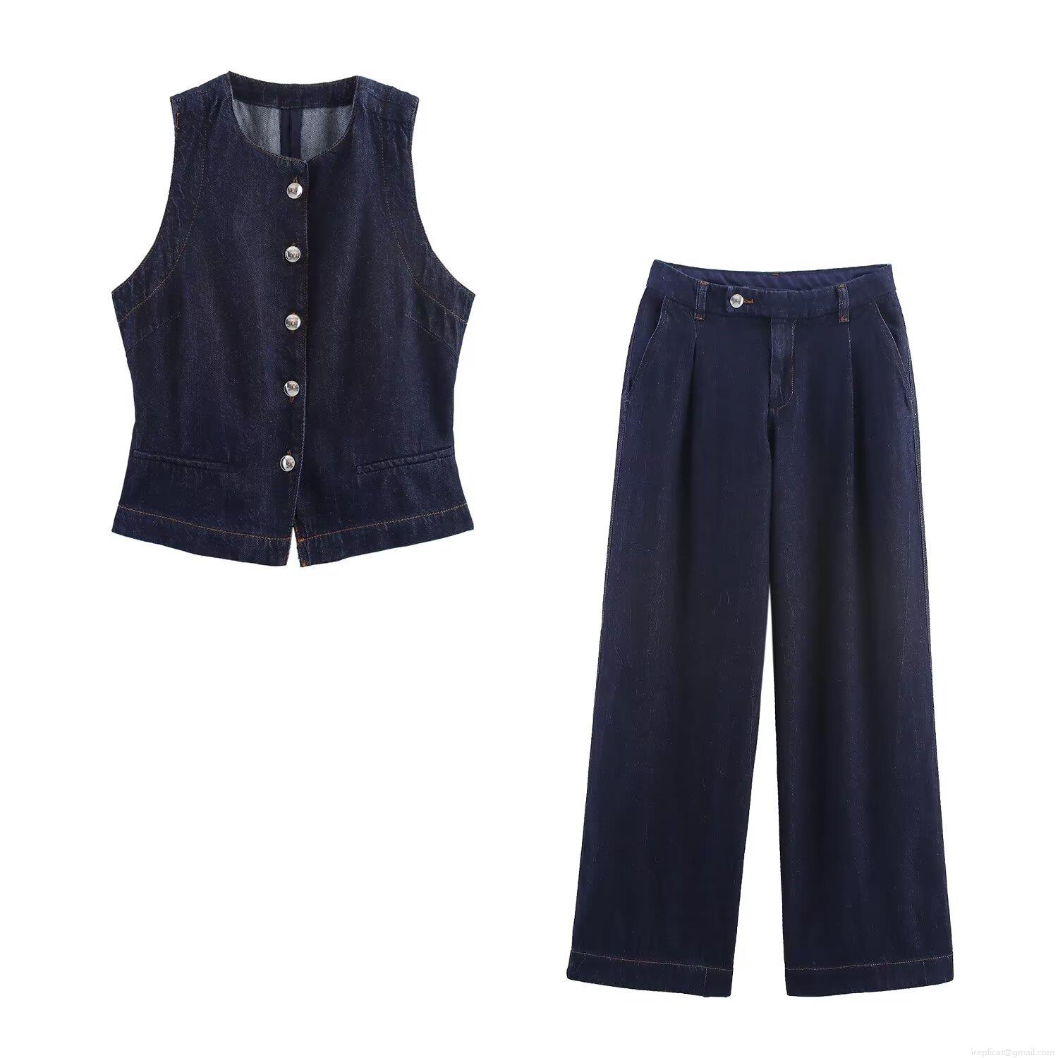 Women's 2-Piece Denim Set Navy Blue Sleeveless Button Up Vest And High Waist Wide Leg Pants Casual Streetwear Polyester Blend Outfit