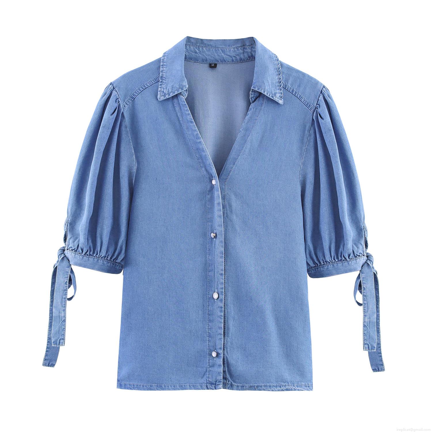 Women Casual Denim Pants Set Puff Short Sleeve Bow Cuff Button Shirt And High Waist Elastic Drawstring Wide Leg Trousers Solid Color Cotton Blend Two Piece Outfits For Summer Vacation