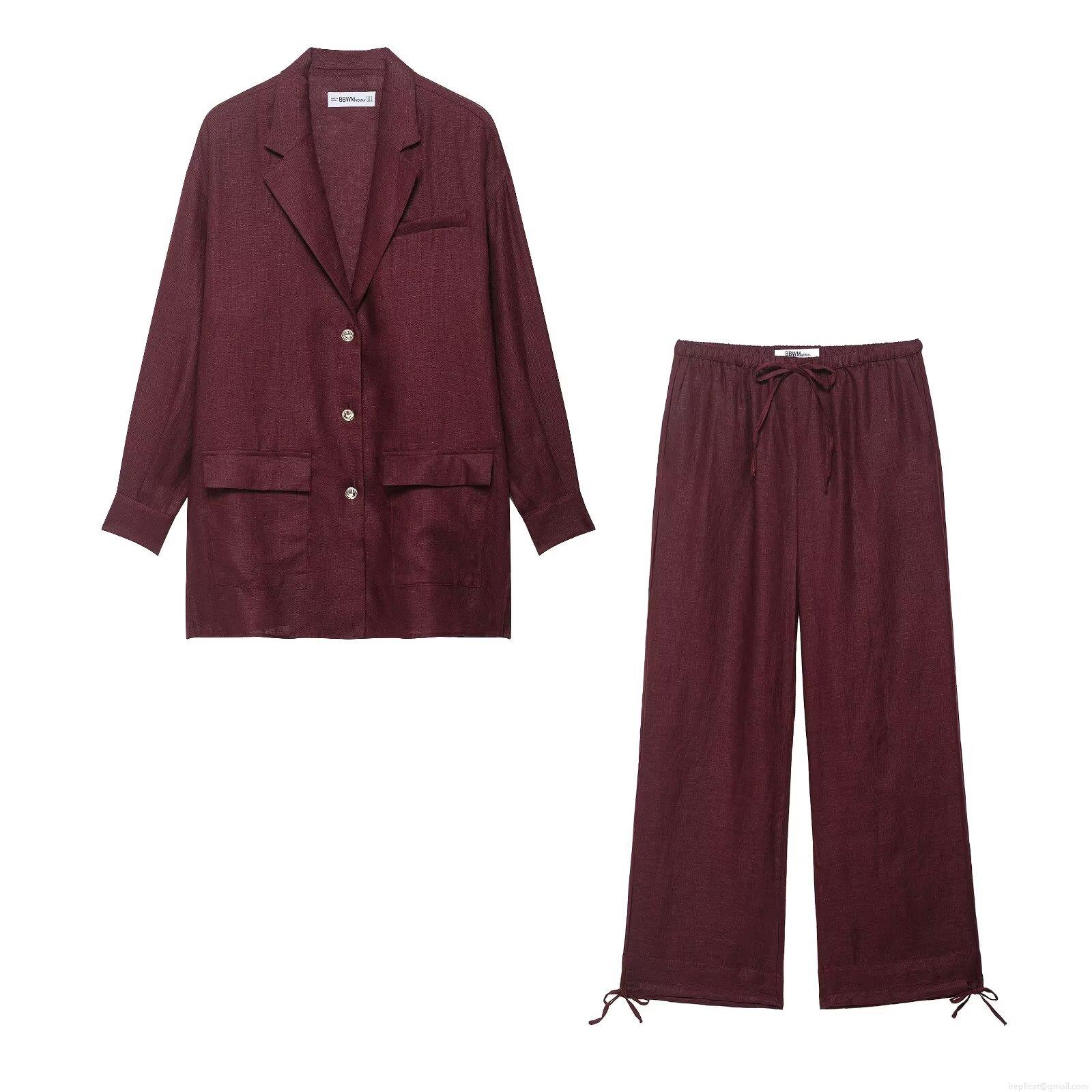 Women Casual Linen Texture Blazer And Pants Set Two Piece Outfits Notched Lapel Single Breasted Jacket And Drawstring Lantern Trousers Solid Color Streetwear