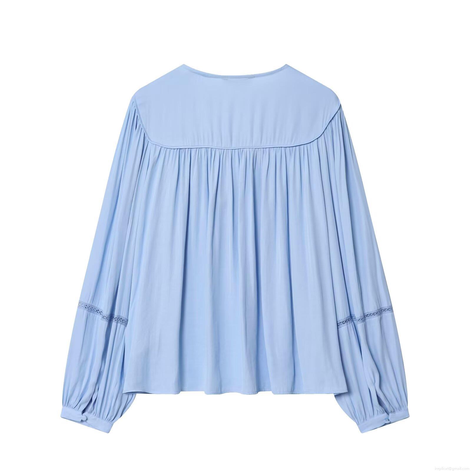 Women's 2 Piece Elegant Casual Sets Long Sleeve Pleated V-Neck Tie Blouse Tops and High Waist Satin Wide Leg Pants Outfits Fashion Streetwear Party Set